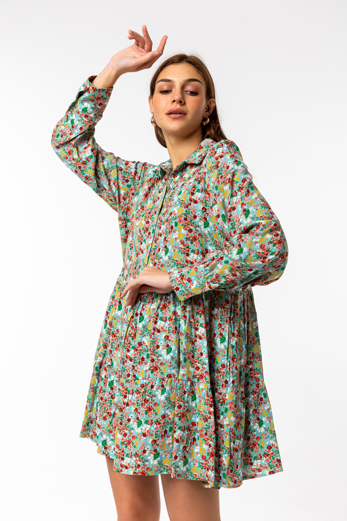 Viscose Fabric Long Sleeve Mini Wide Flower Print Women Dress - Mint