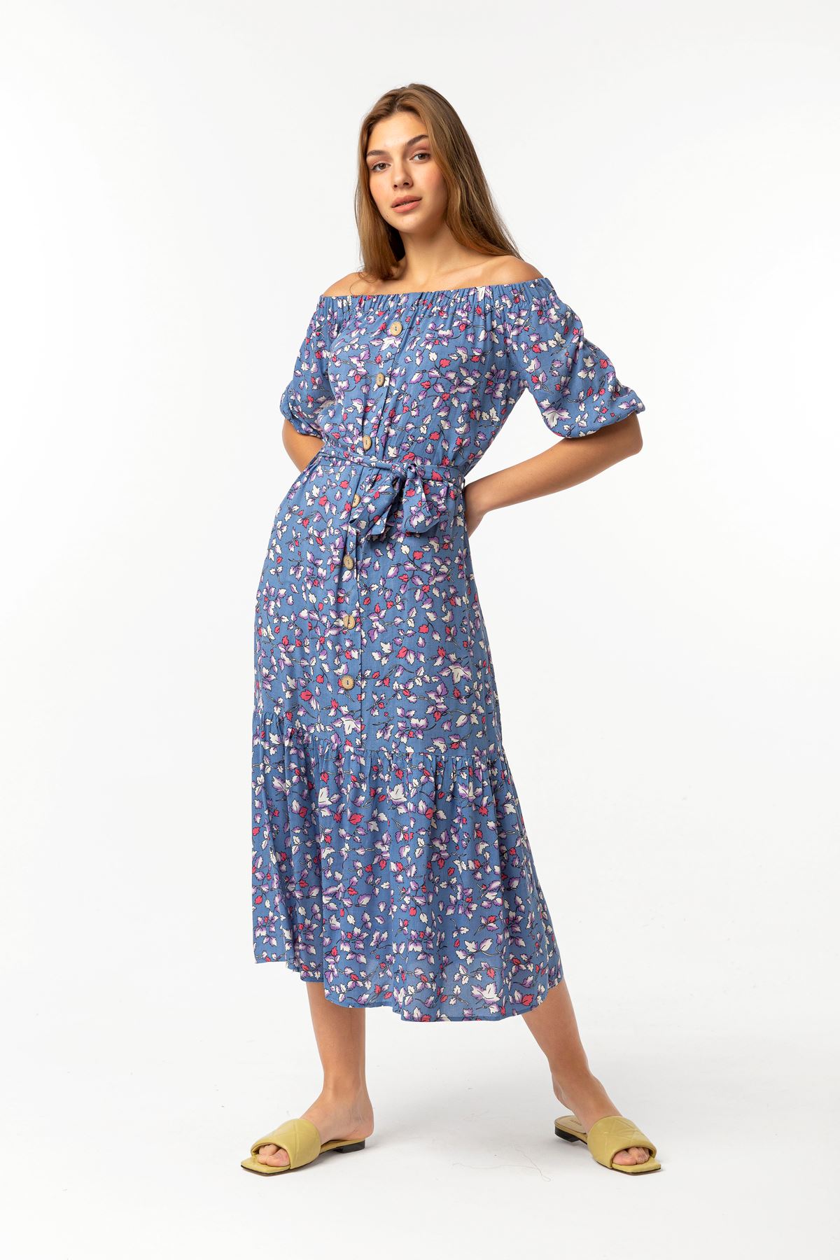 Viscose Fabric Short Sleeve Boat Neck Midi Comfy Flower Print Women Dress - Blue