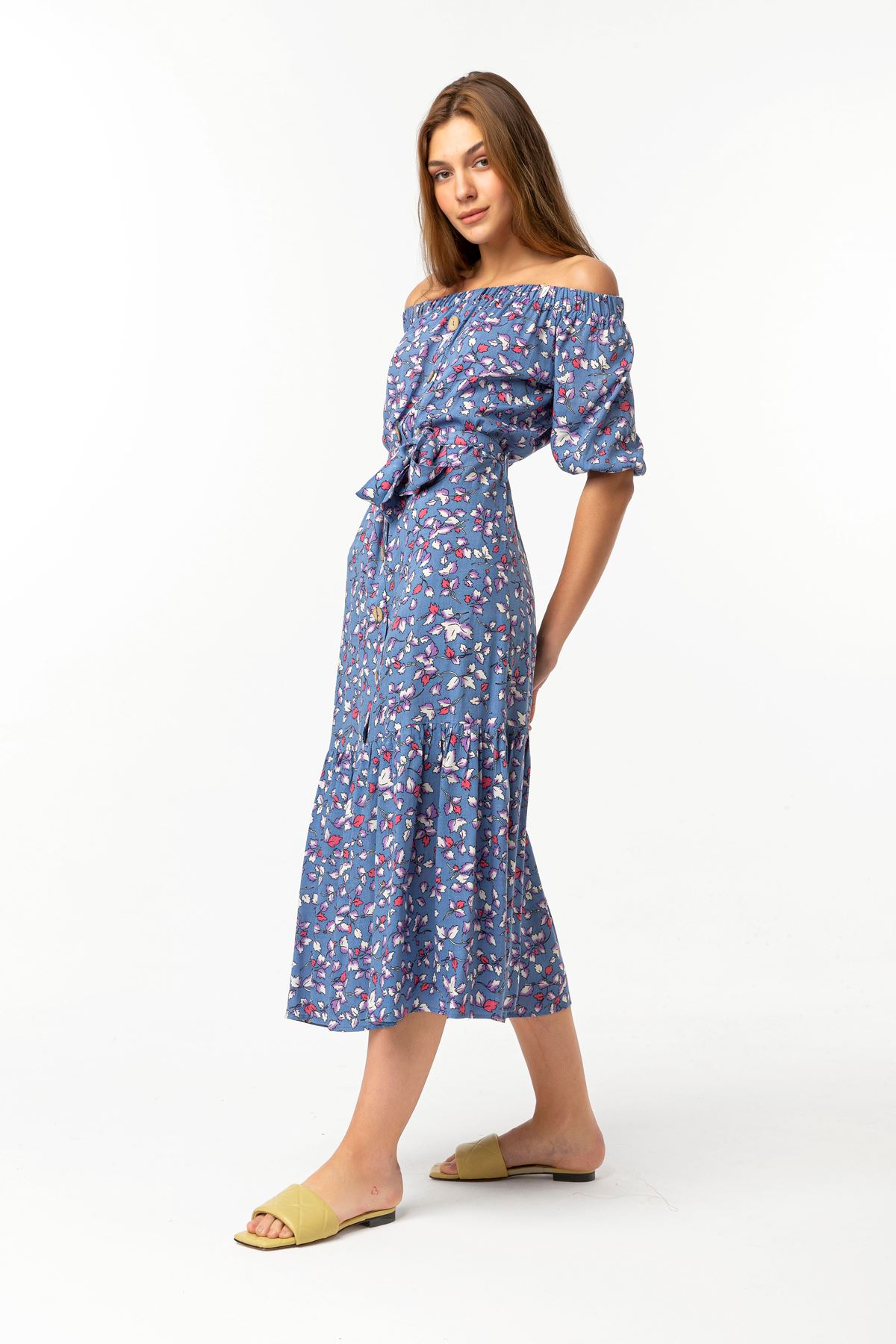 Viscose Fabric Short Sleeve Boat Neck Midi Comfy Flower Print Women Dress - Blue