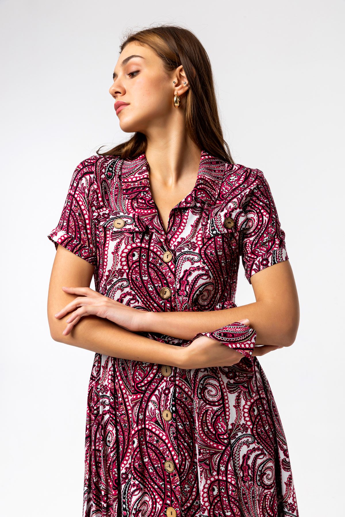 Viscose Fabric Short Sleeve Shirt Collar Midi Ethnic Print Women Dress - Pink