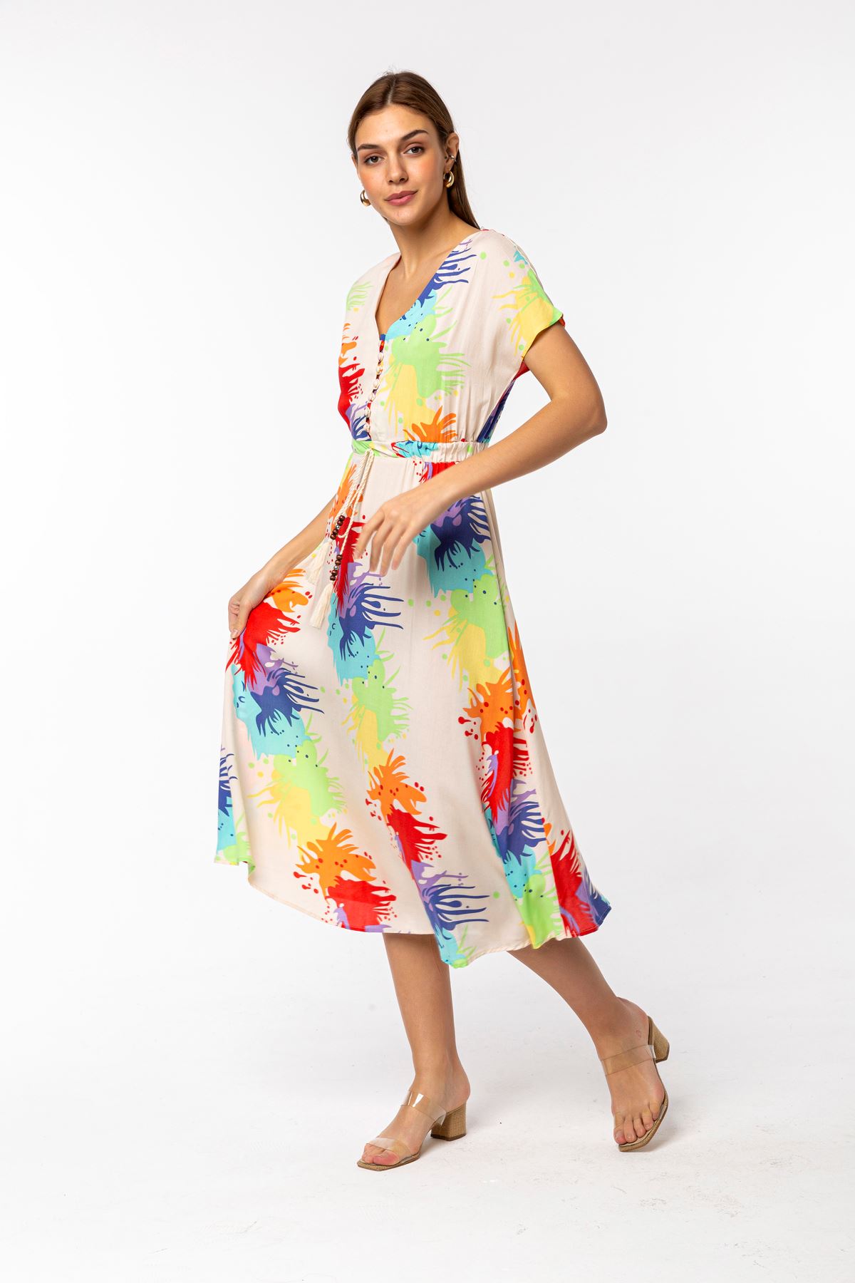вискоза ткань V-образный вырез цветной Püskül Detayженское платье - Бежевый