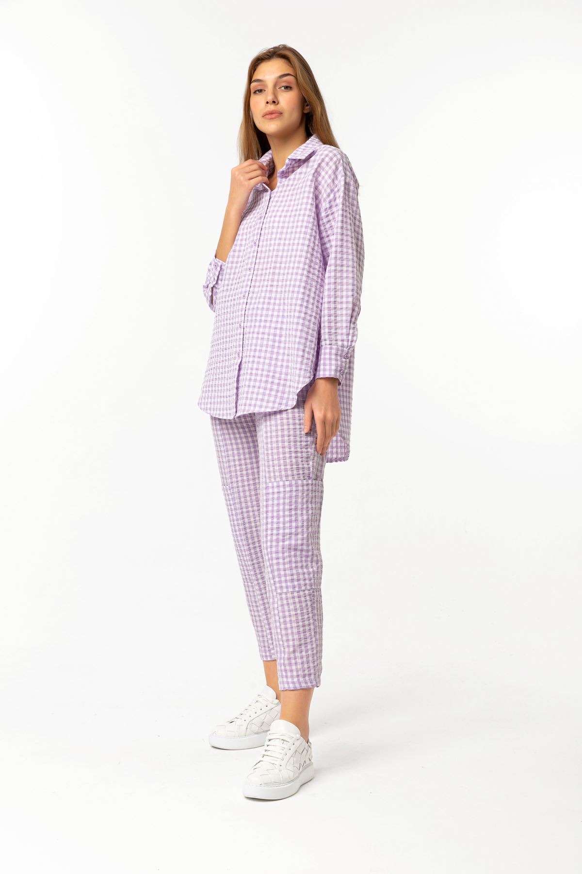 Plaid Fabric Long Sleeve Oversize Checkerboard Print Square Pattern Women'S Shirt - Lilac