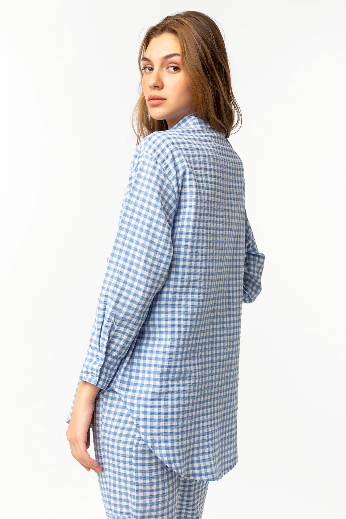 Plaid Fabric Long Sleeve Oversize Checkerboard Print Square Pattern Women'S Shirt - Blue