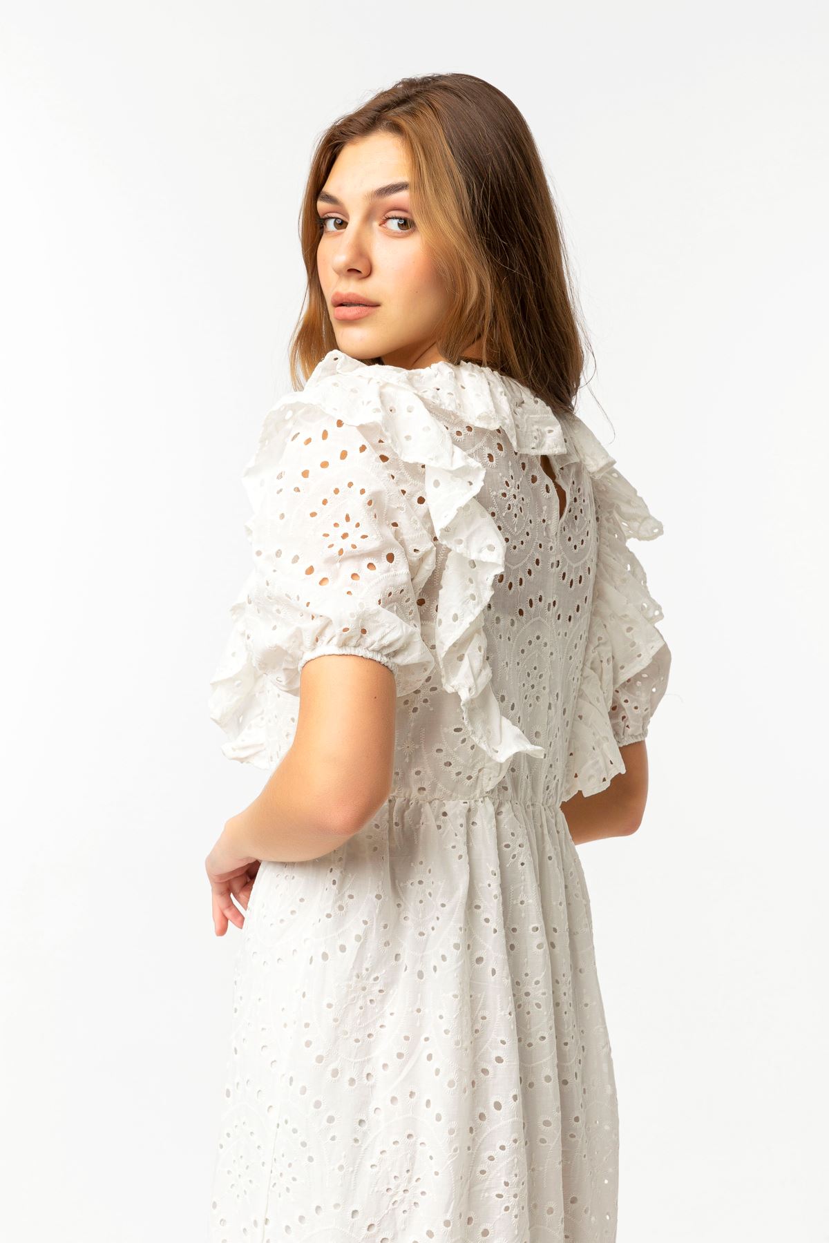 Vual Fabric Short Sleeve Ruffled Neck Comfy Ruffled Midi Dress - Ecru
