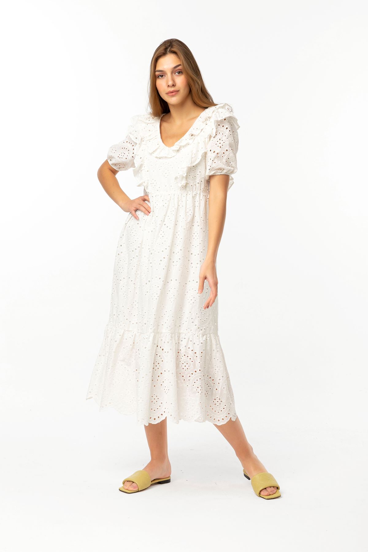 Вуаль Ткань короткий воротник с воланами женское платье - Молочный