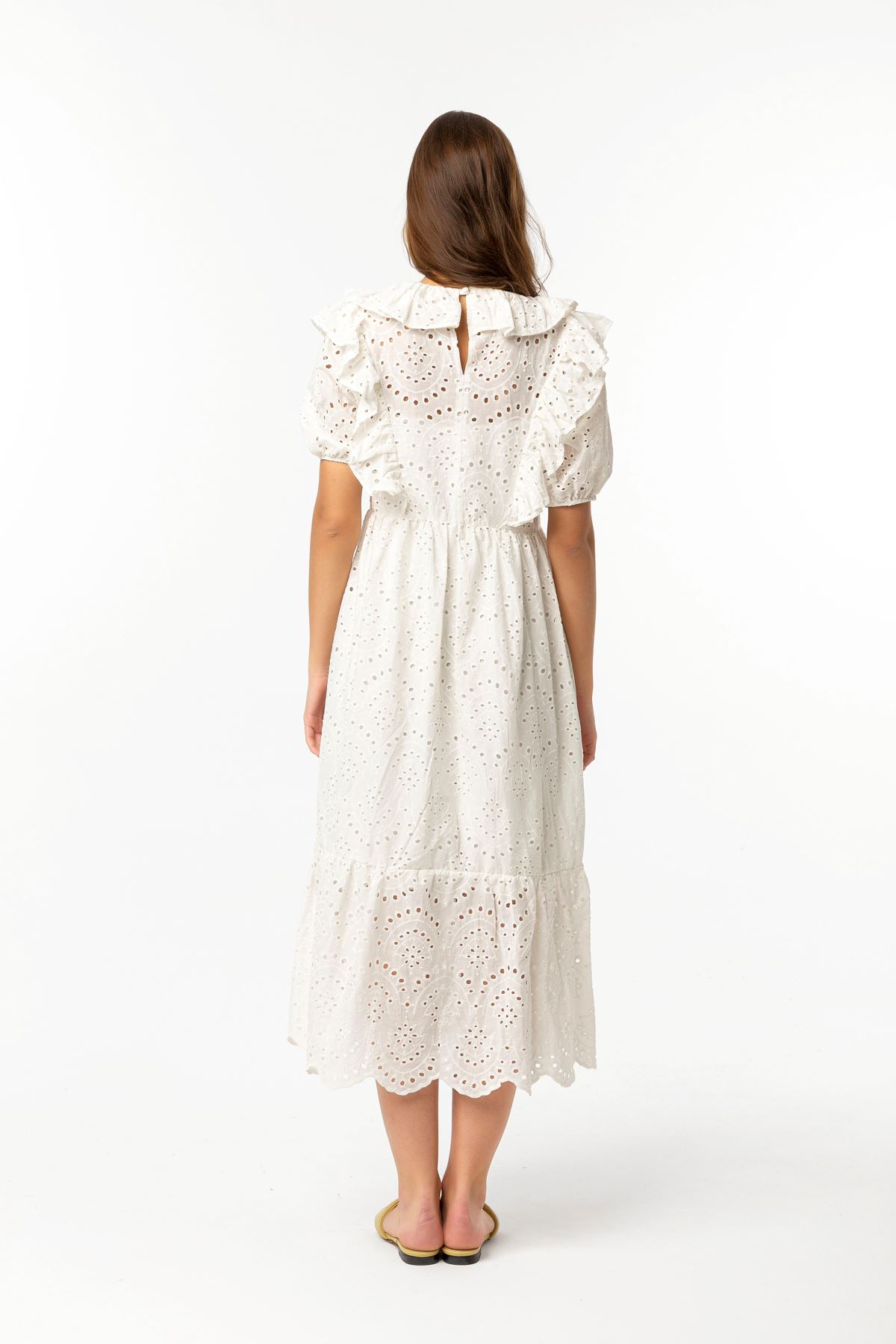 Вуаль Ткань короткий воротник с воланами женское платье - Молочный