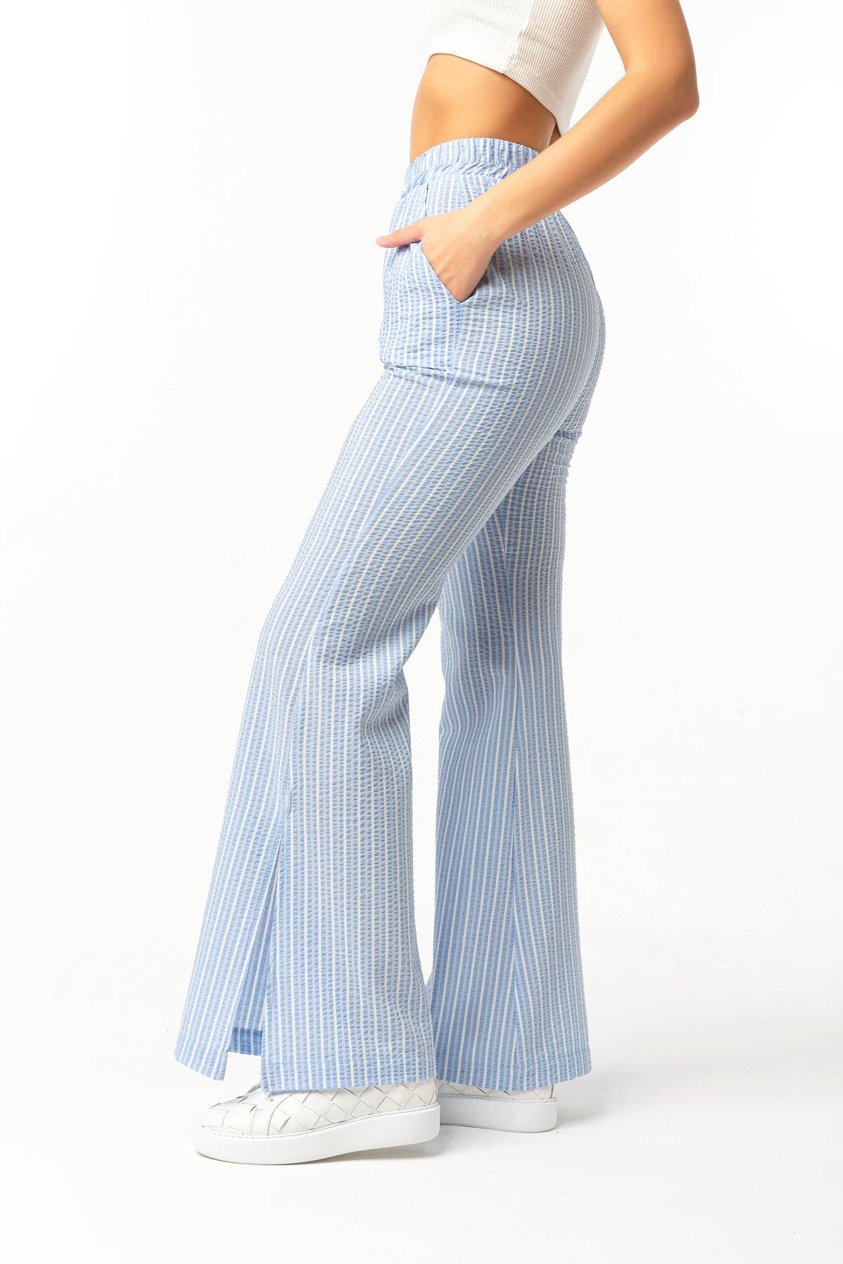 сирсакер ткань полосатые женские брюки - Синий