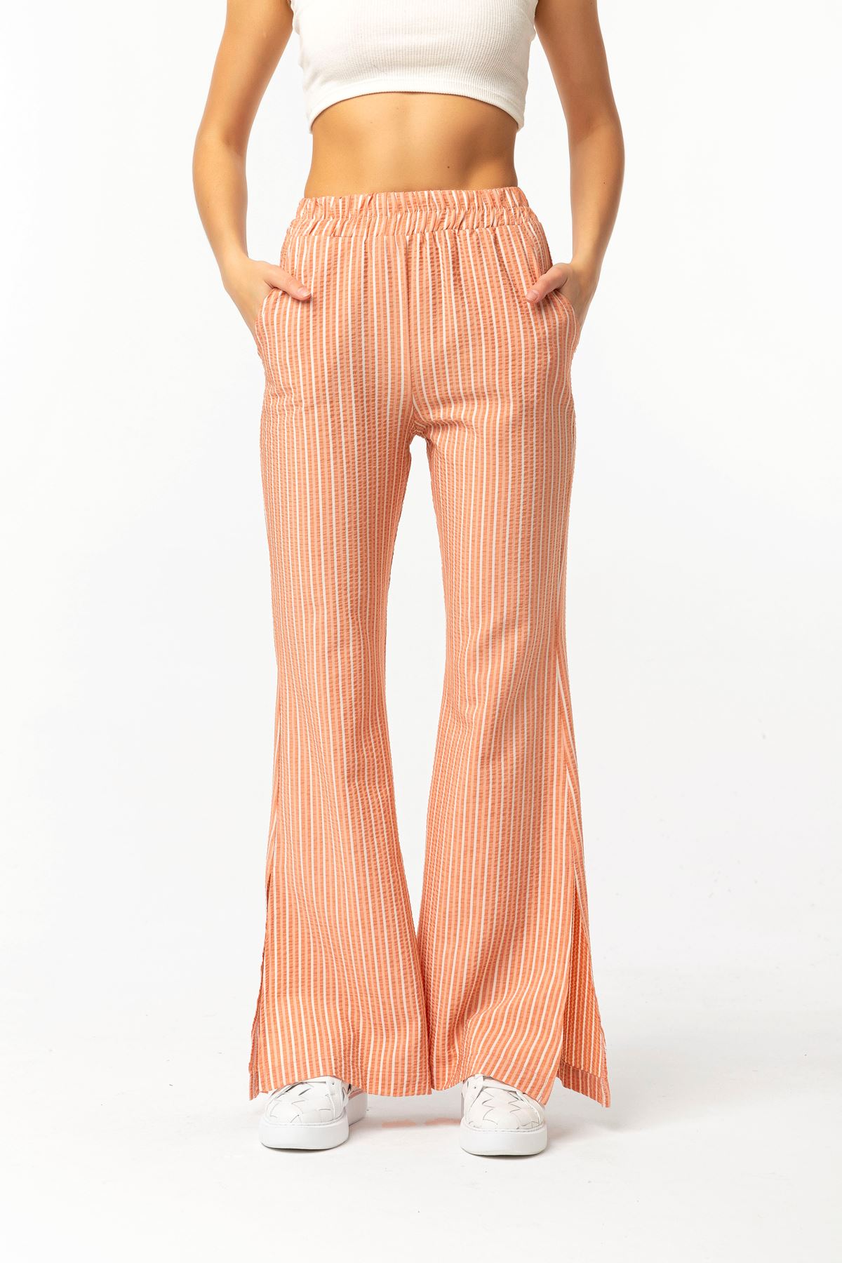 Gofre Fabric Long Striped Slit Women'S Trouser - Salmon