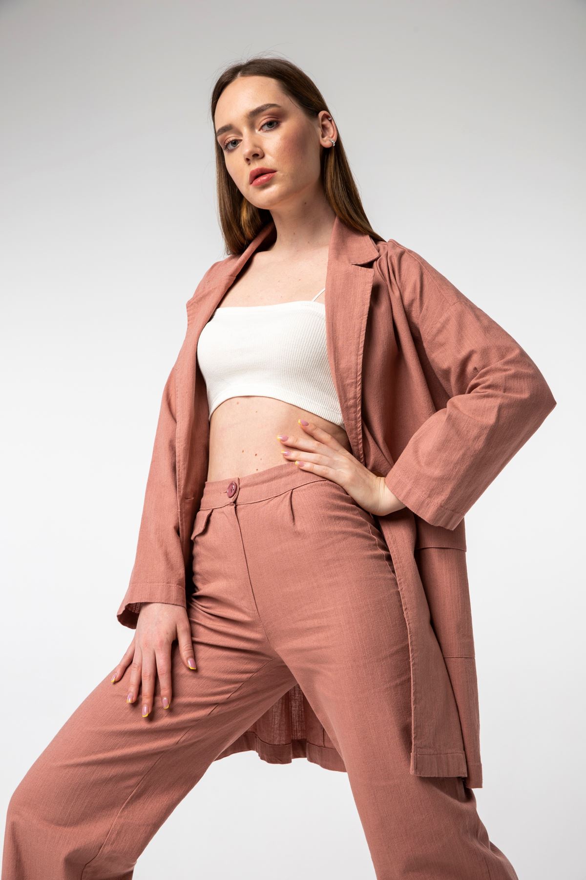 Linen Fabric Long Sleeve Revere Collar Below Hip Oversize Women Jacket - Light Pink