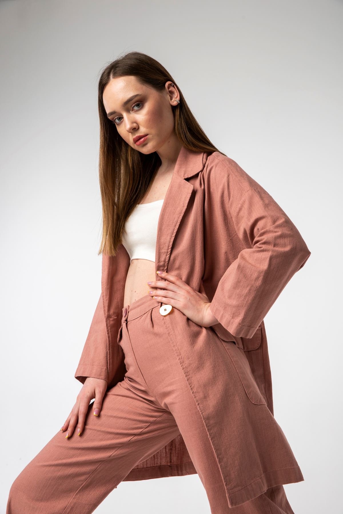 Linen Fabric Long Sleeve Revere Collar Below Hip Oversize Women Jacket - Light Pink