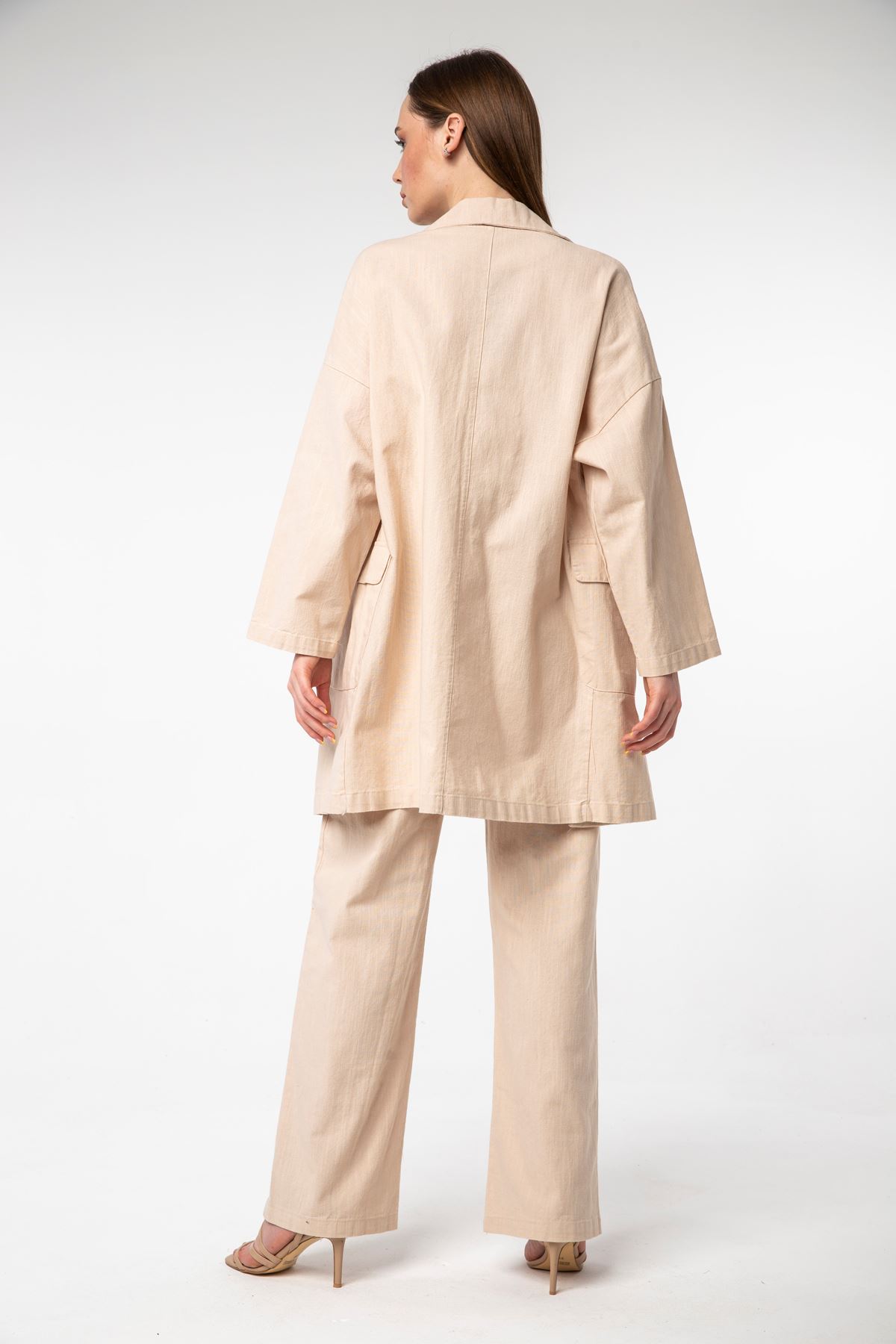 льняный ткань длинные рукава ревер воротник женский пиджак - Бежевый