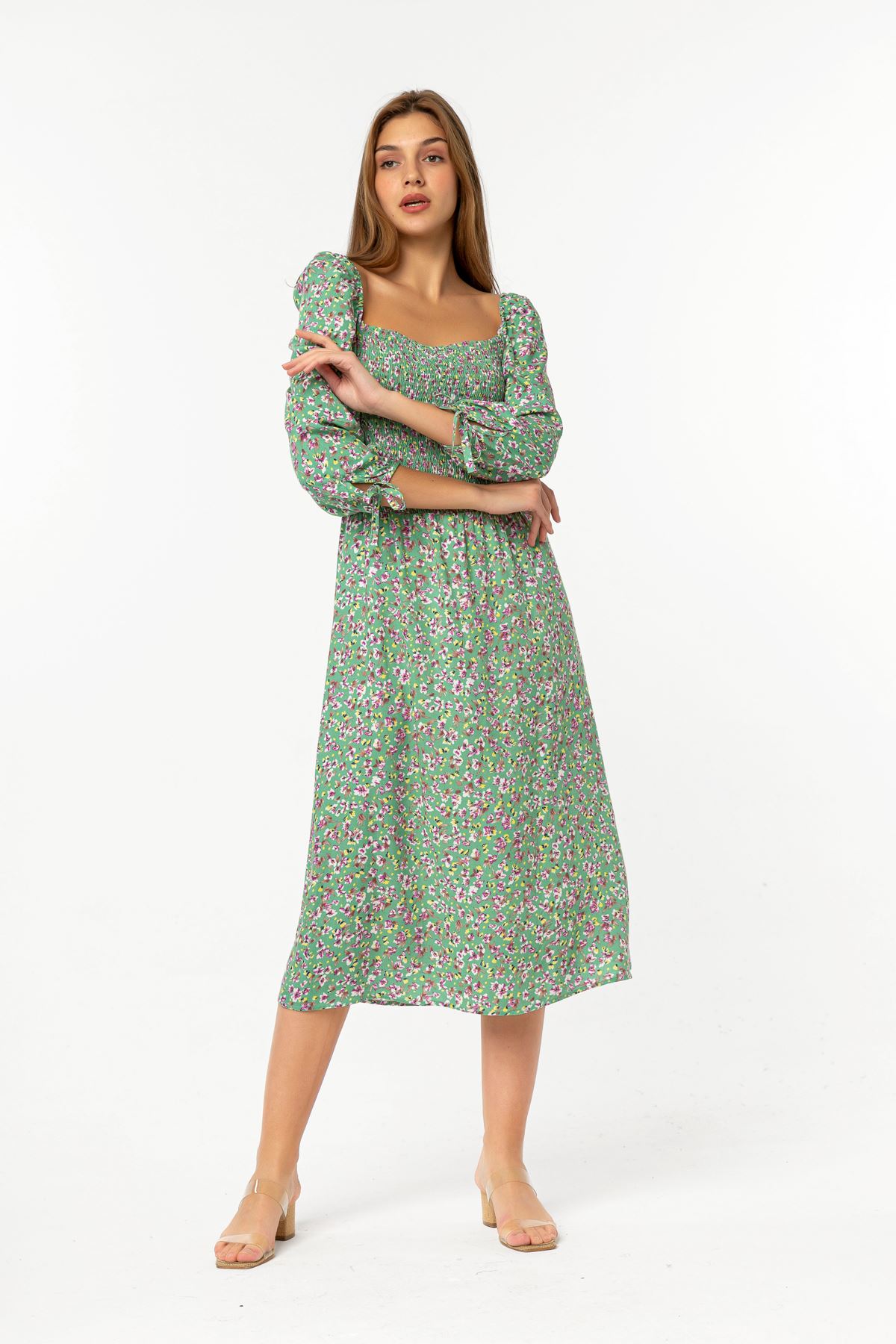 فستان نسائي قماش استيعاب نصف ذراع طوق مربع تحت الركبتين مستقيم - اخضر فاتح