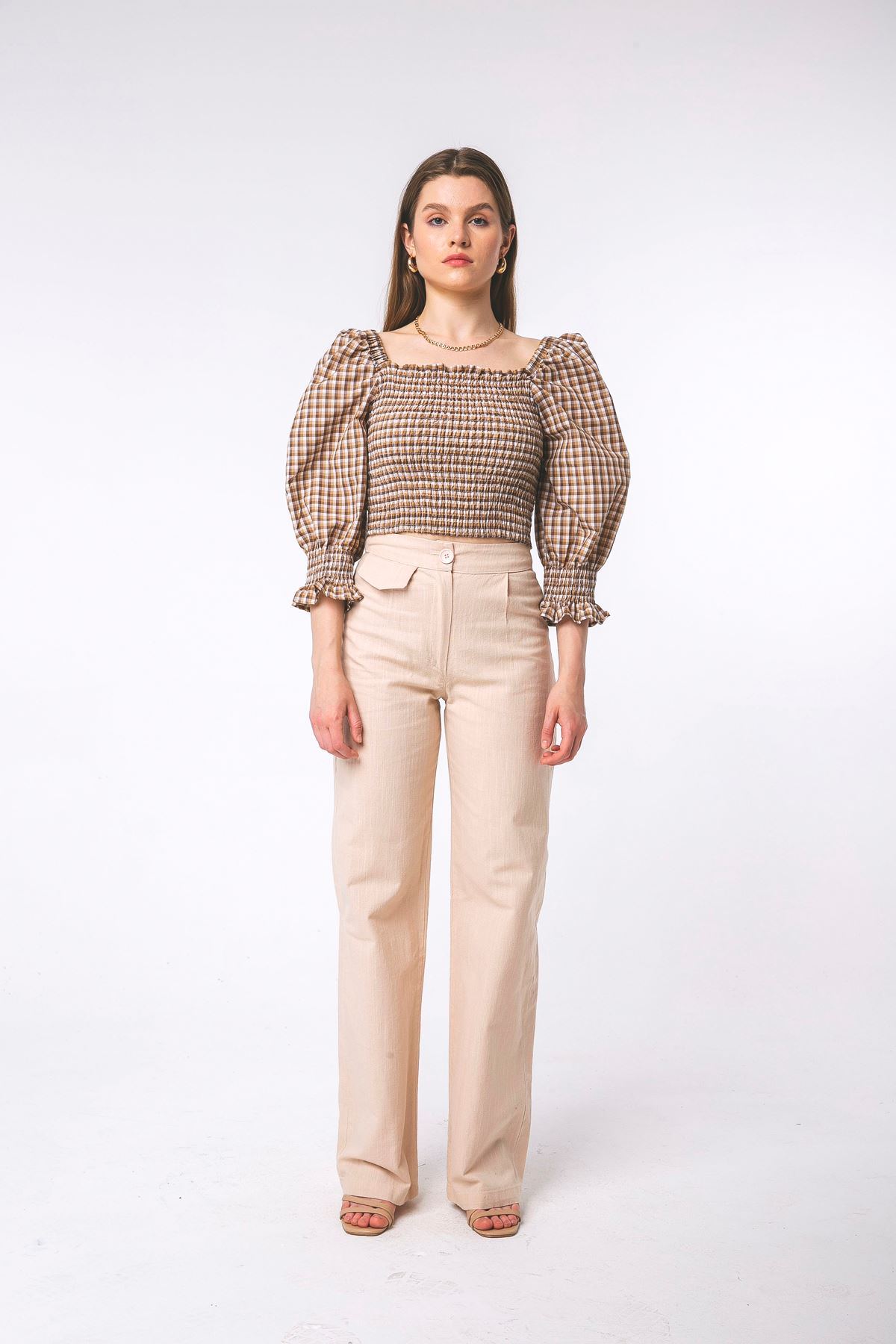 Linen Fabric Wide Women'S Trouser - Beige 
