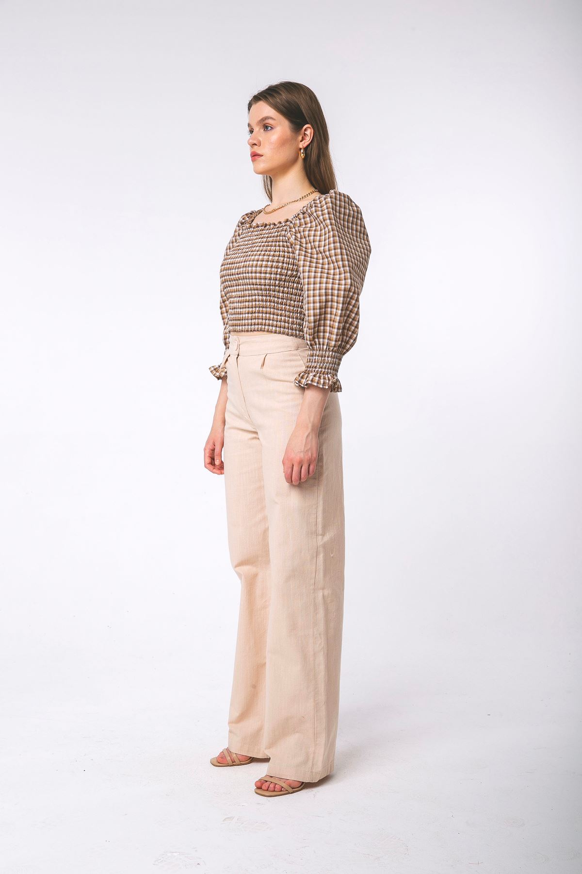 Linen Fabric Wide Women'S Trouser - Beige 