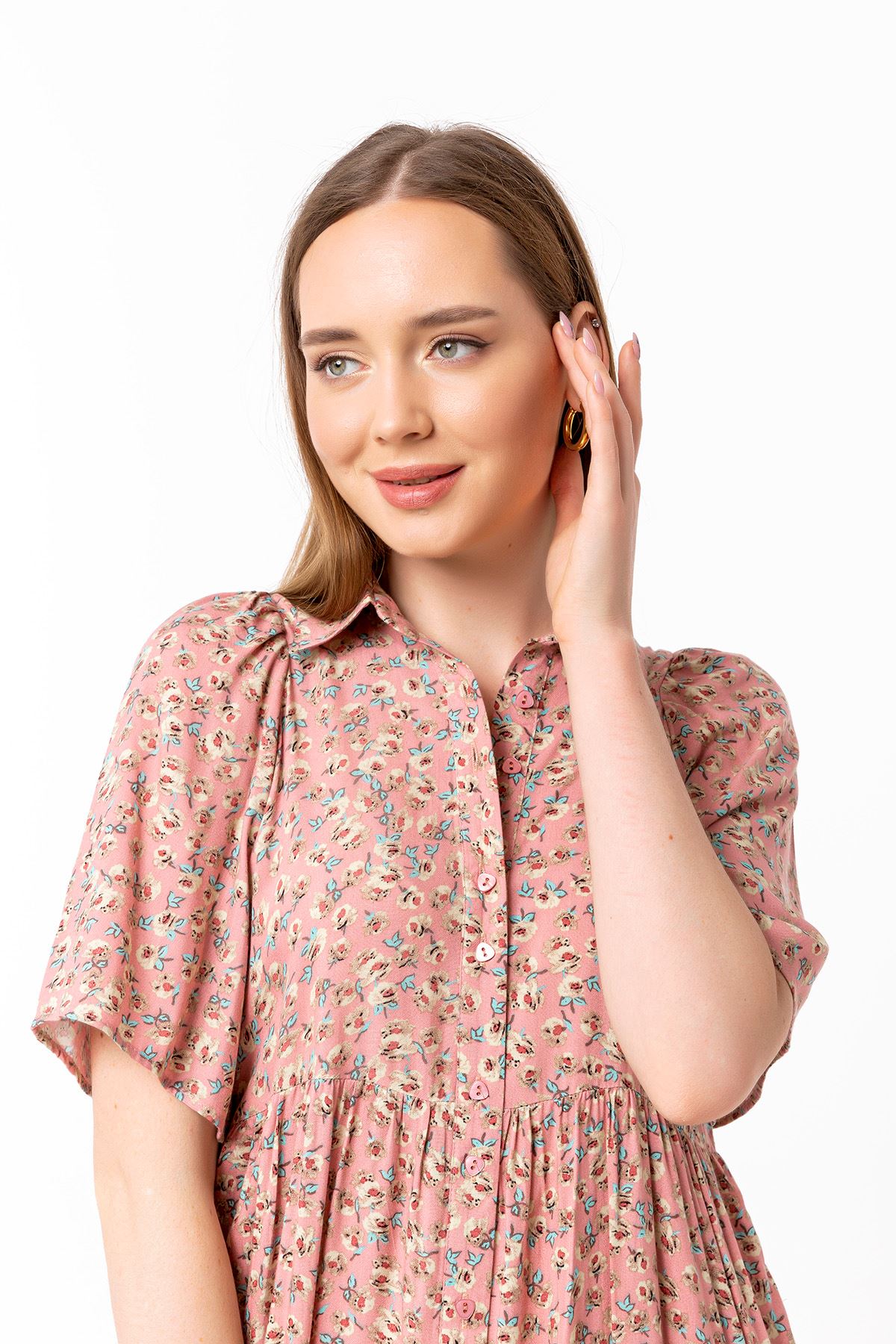 Short Sleeve Midi Oversize Flower Print Buttoned Women Dress - Light Pink