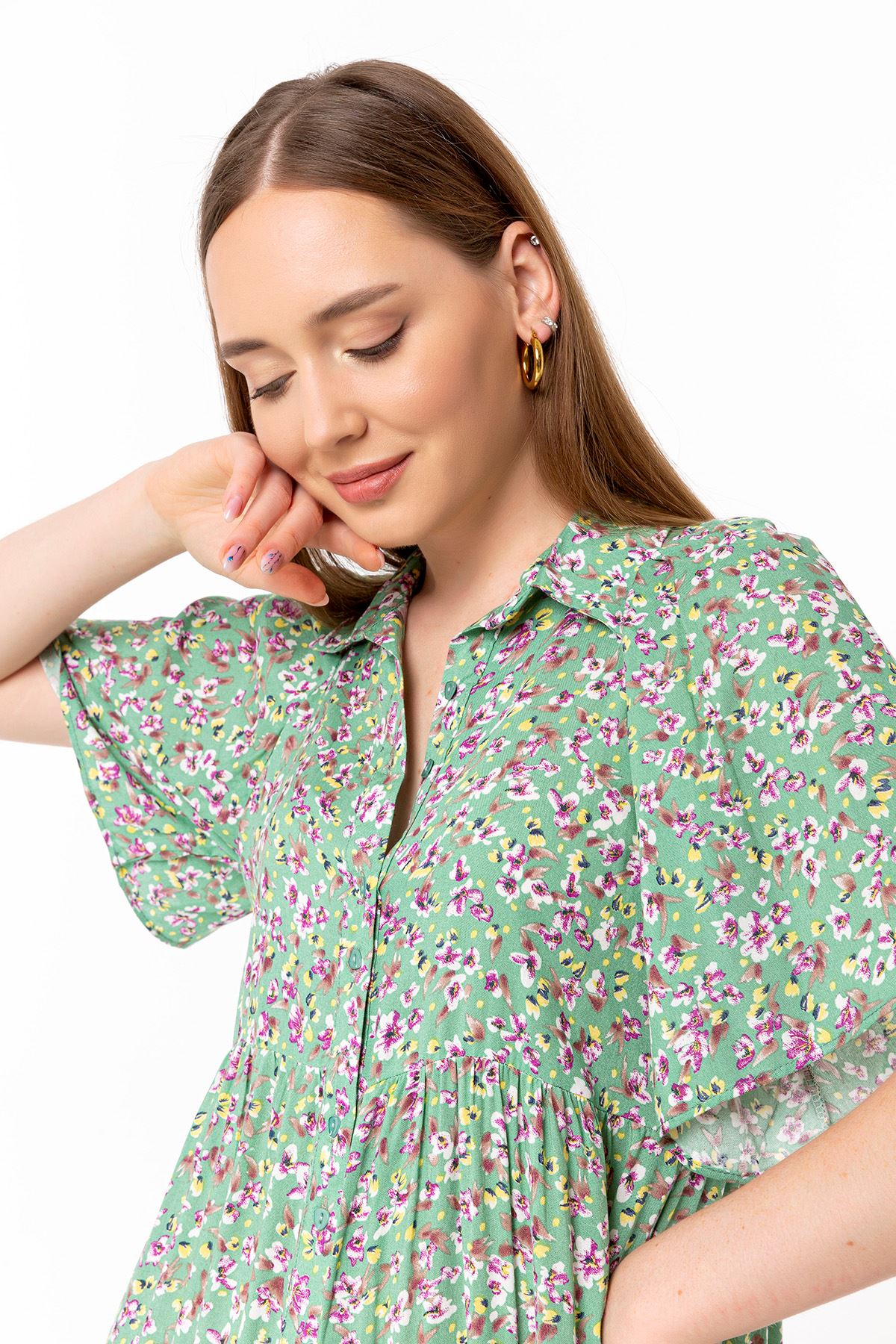 Empirme Kumaş Oversize Çiçek Desen Düğmeli Kadın Elbise-Mint