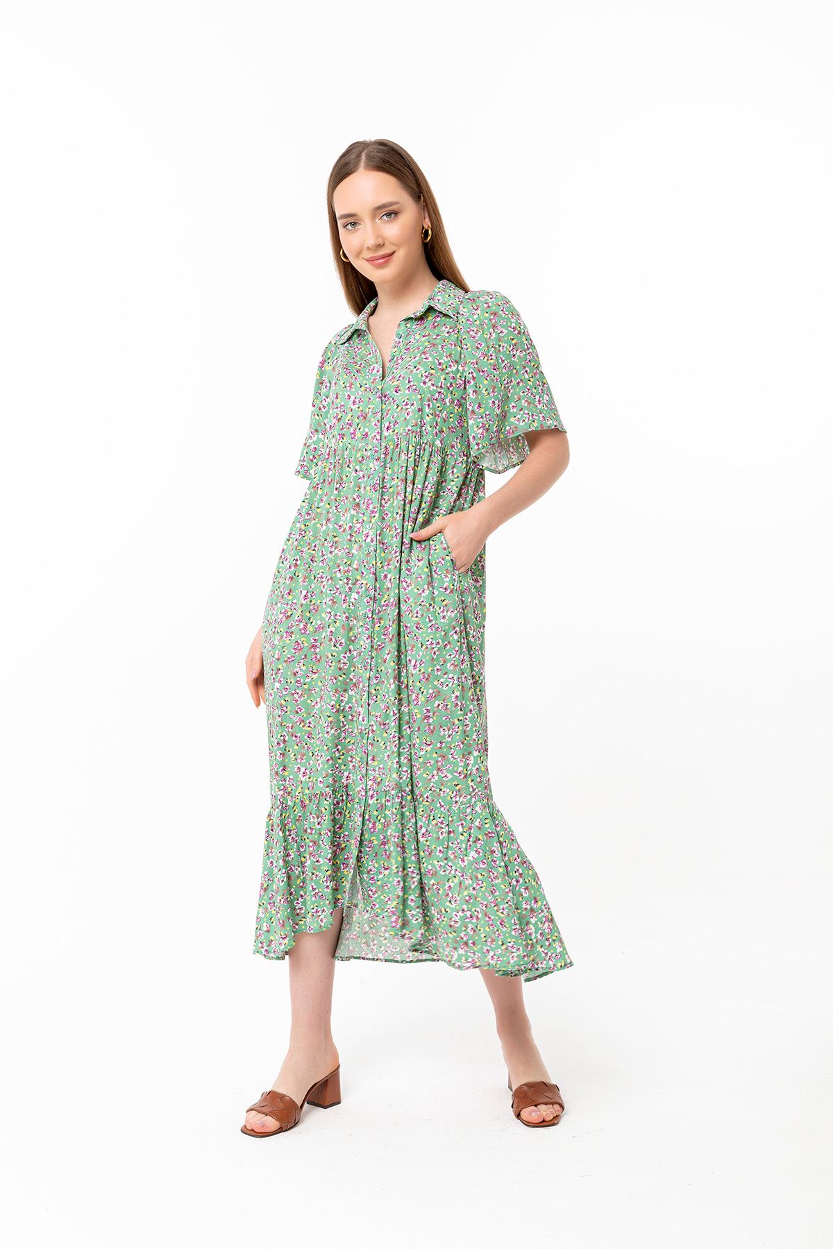 Short Sleeve Midi Oversize Flower Print Buttoned Women Dress - Mint