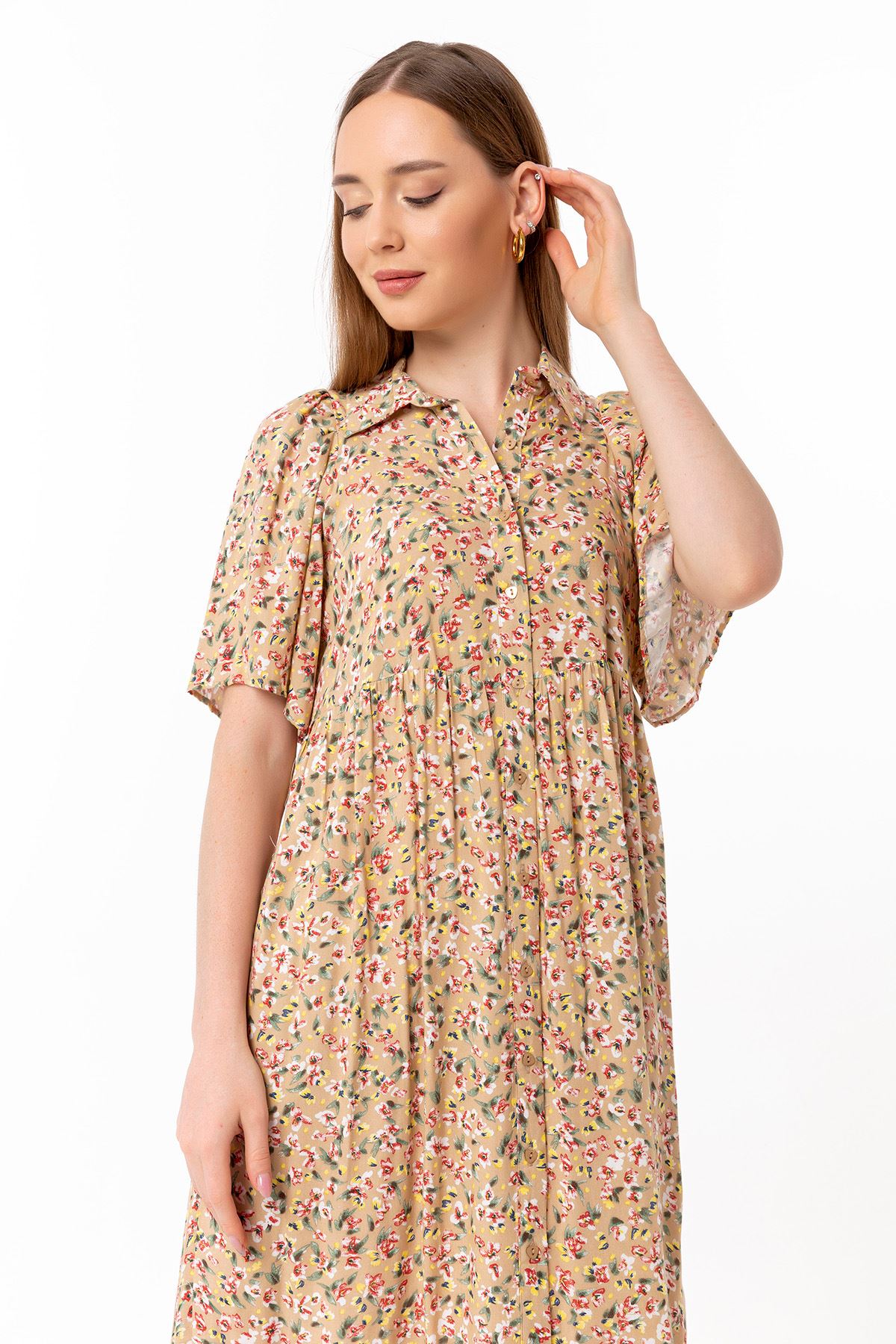Short Sleeve Midi Oversize Flower Print Buttoned Women Dress - Beige 