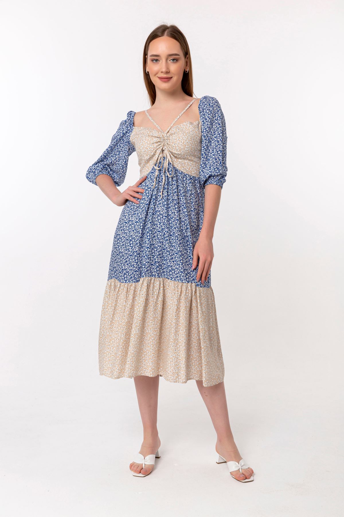 فستان نسائي قماش فيسكون ذراع قصير طوق الربط ميدي قالب مريح نمط زهرة - ازرق شامي 