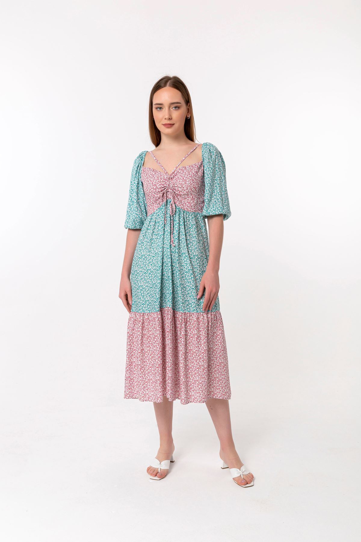 Viskon Kumaş Bağlamalı Yaka Rahat Kalıp Çiçek Desenli Kadın Elbise-Mint