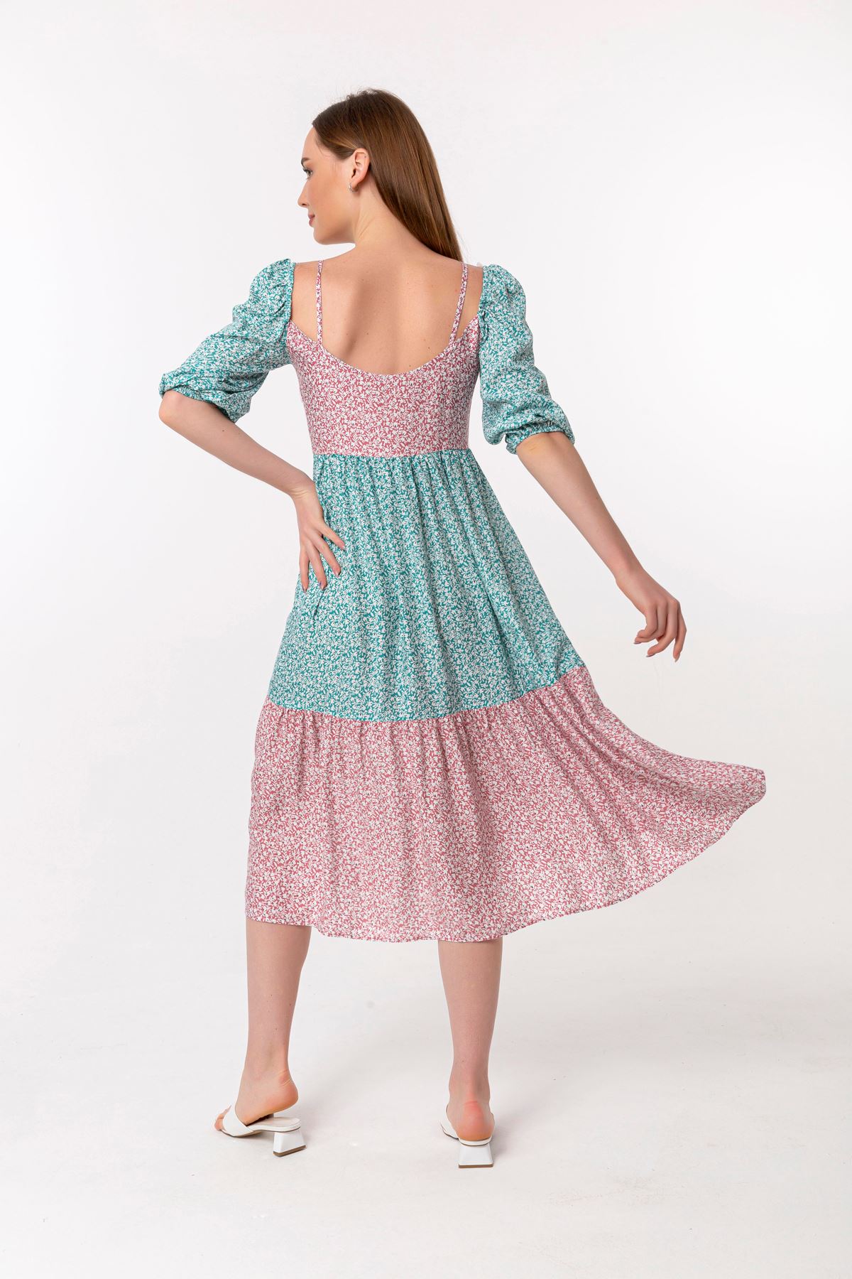 Viskon Kumaş Bağlamalı Yaka Rahat Kalıp Çiçek Desenli Kadın Elbise-Mint