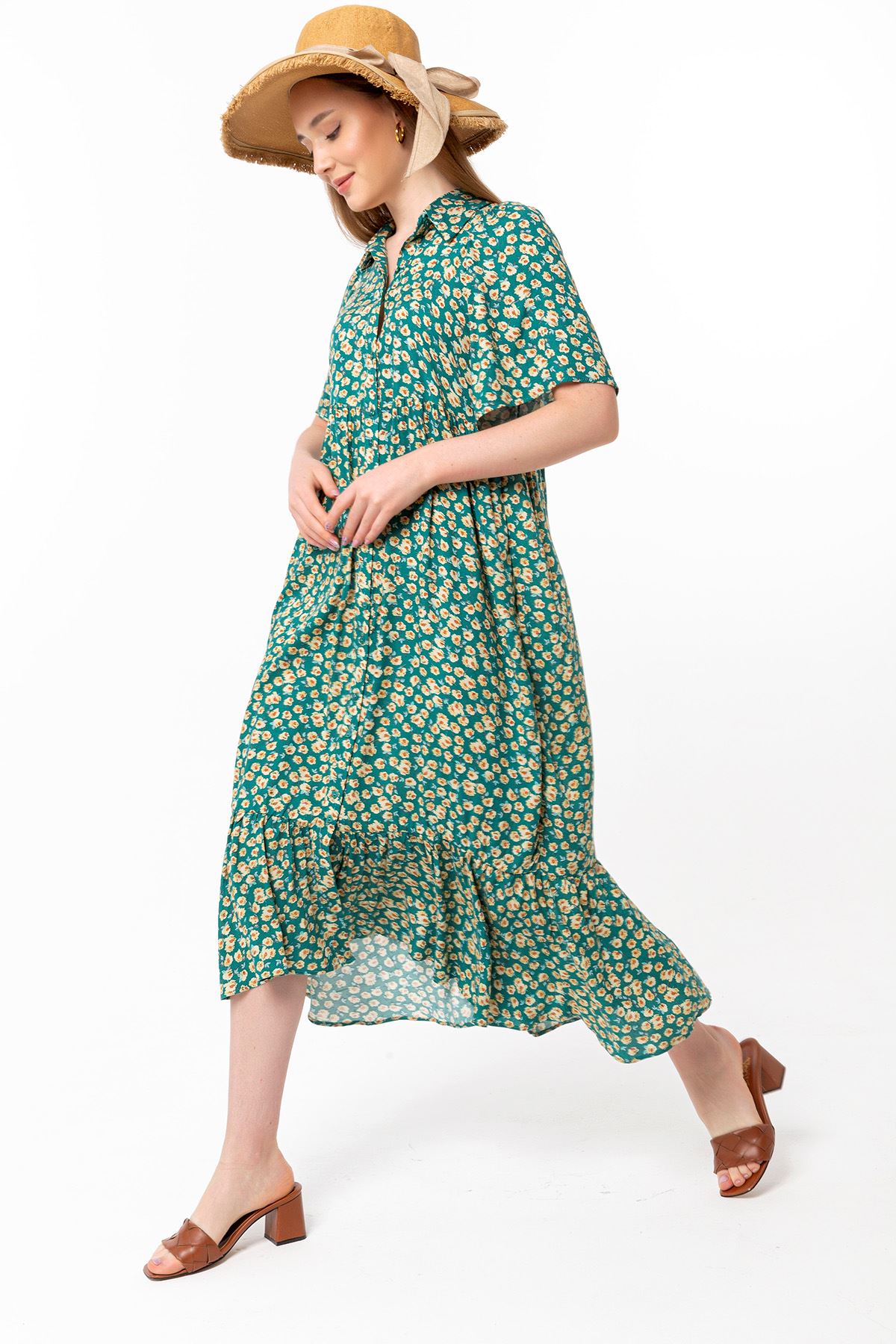 Viskon Kumaş Gömlek Yaka Oversize/Salaş Çiçek Desenli Kadın Elbise-Yeşil