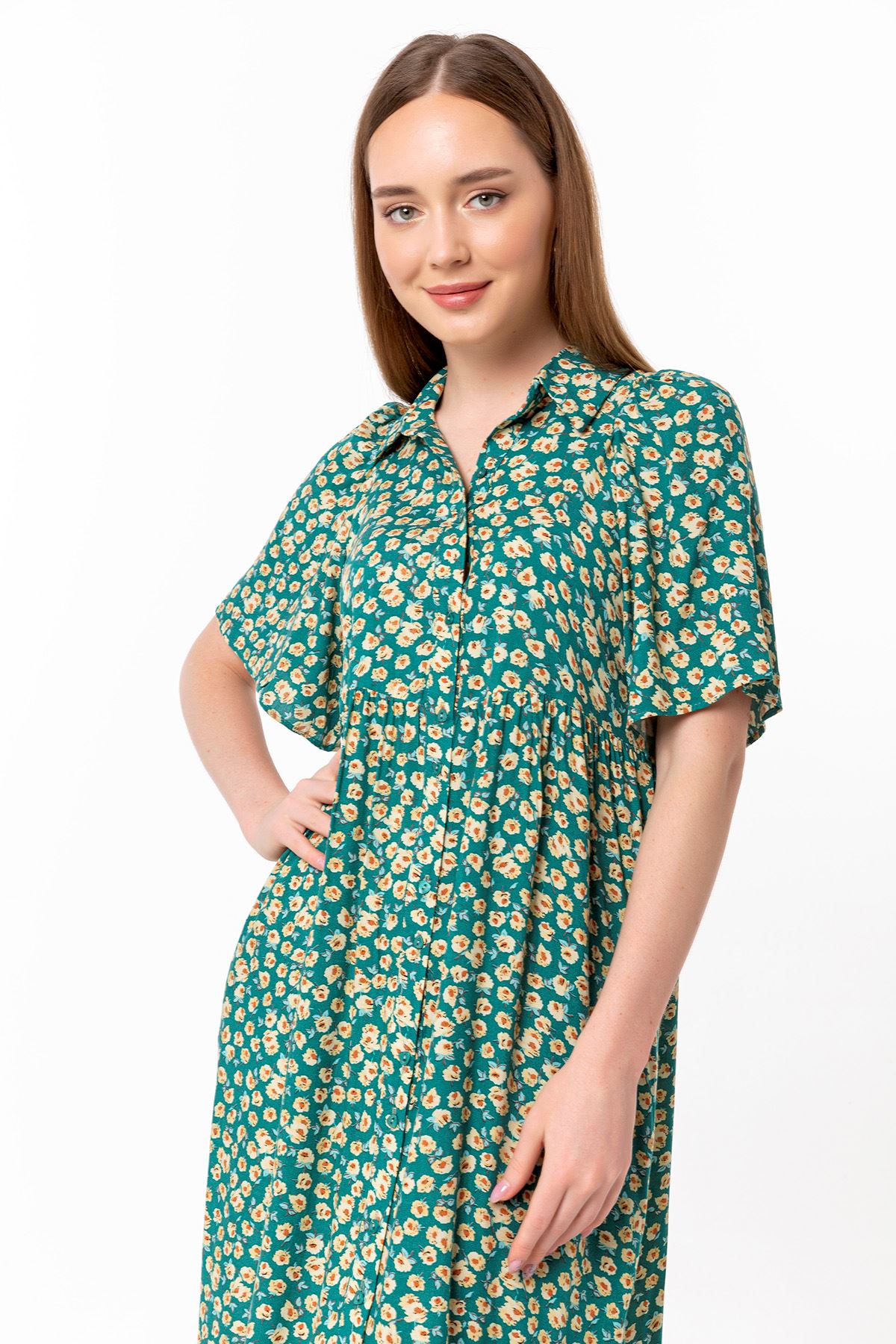Viskon Kumaş Gömlek Yaka Oversize/Salaş Çiçek Desenli Kadın Elbise-Yeşil