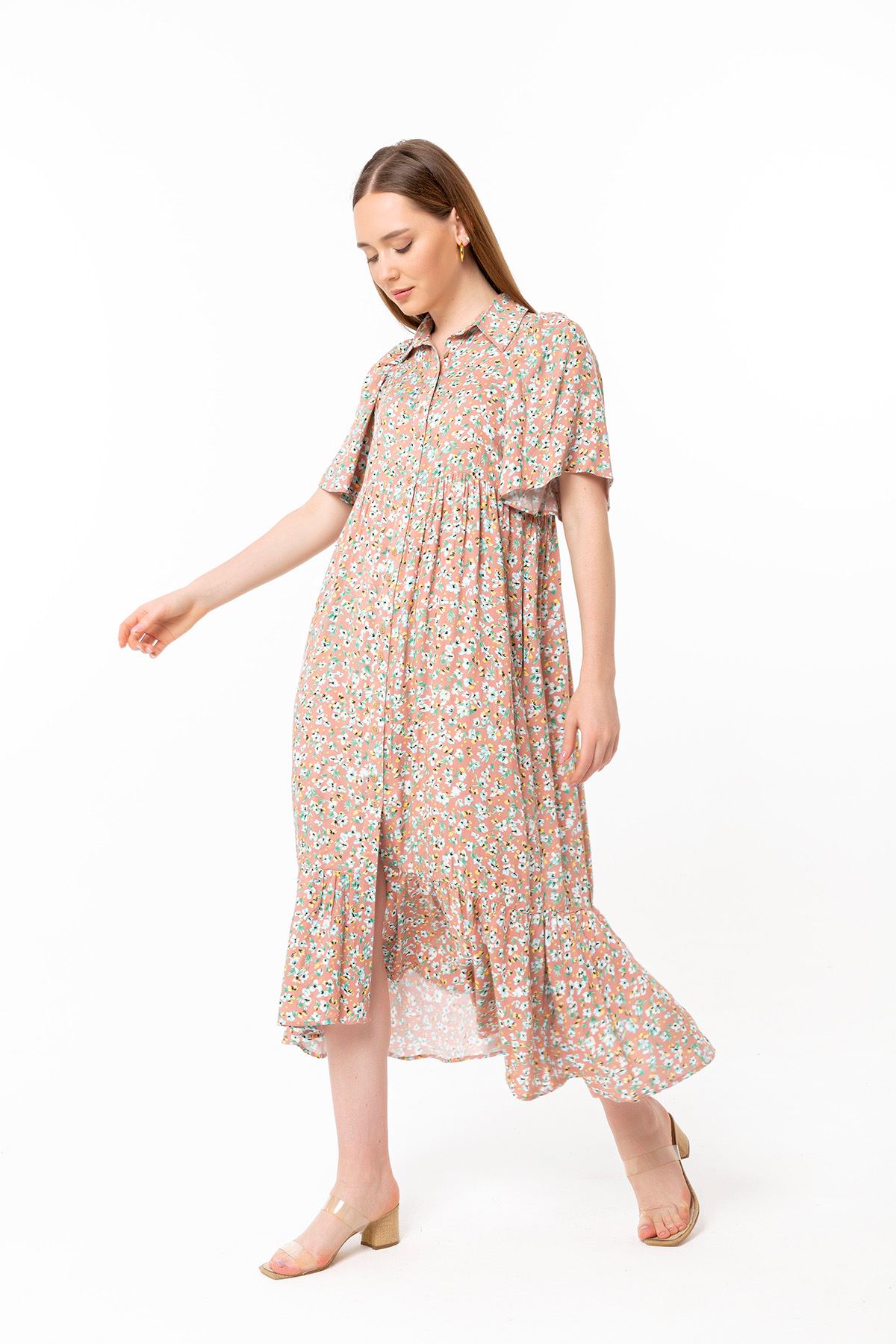 Viskon Kumaş Gömlek Yaka Oversize/Salaş Çiçek Desenli Kadın Elbise-Pudra
