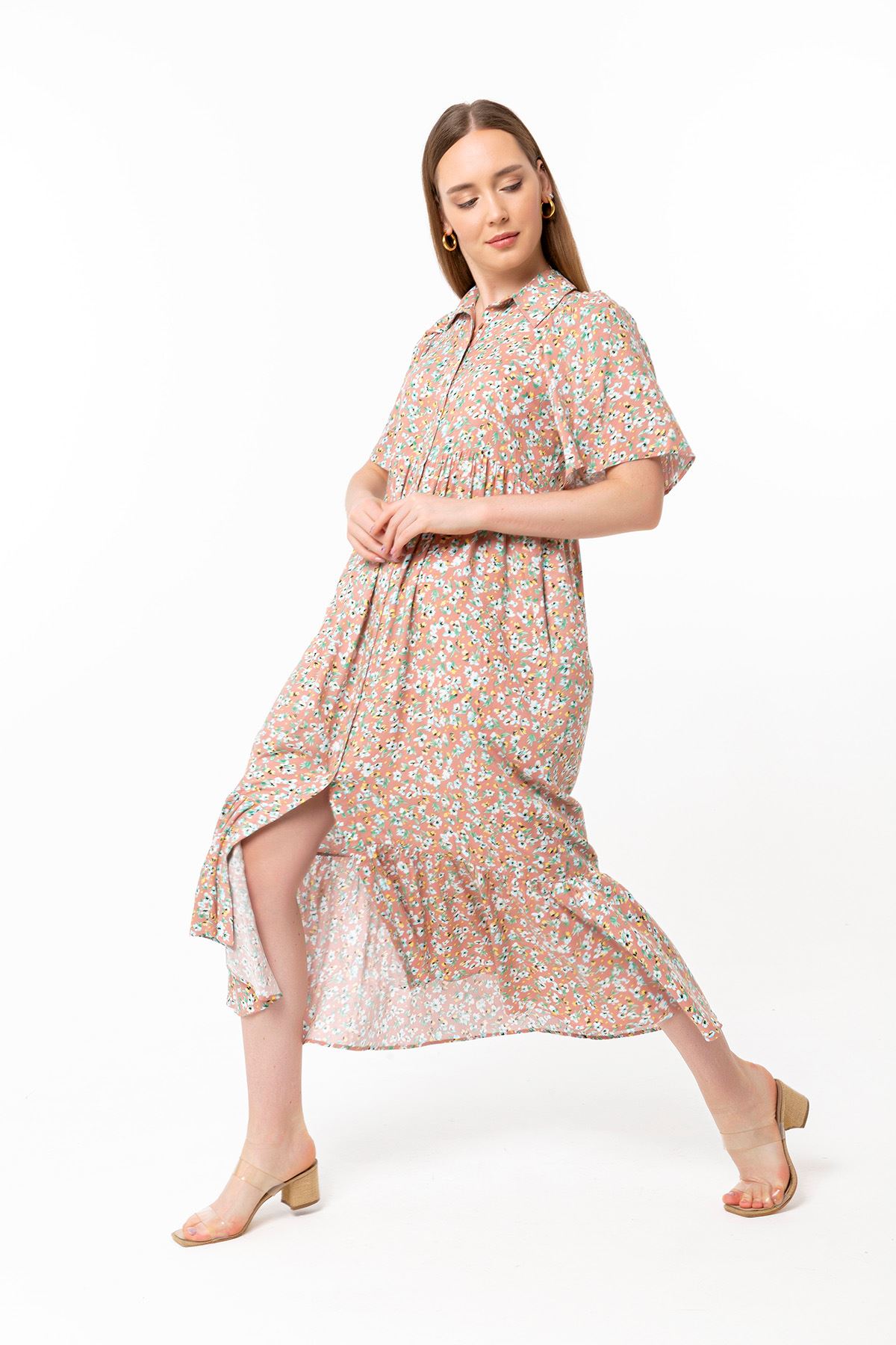 Viskon Kumaş Gömlek Yaka Oversize/Salaş Çiçek Desenli Kadın Elbise-Pudra