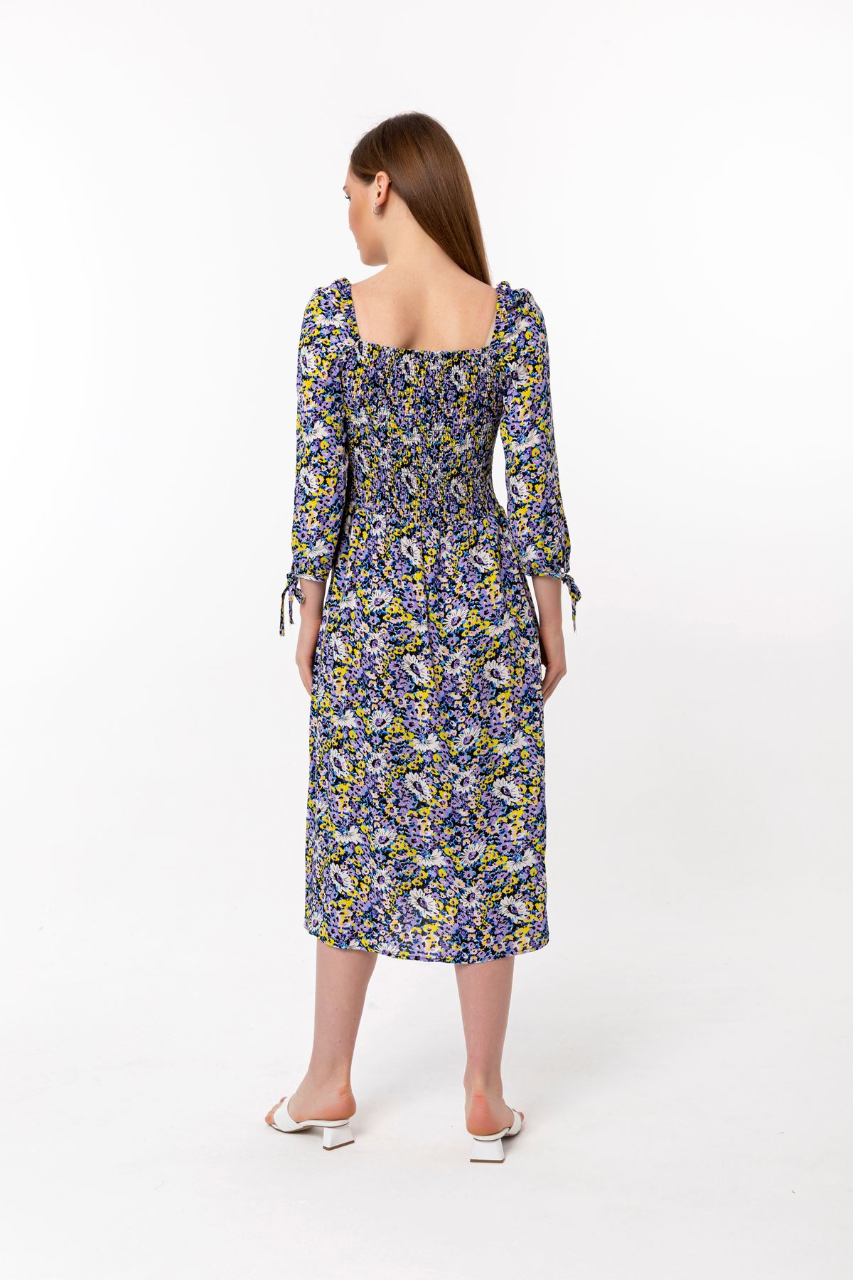 Viscose Fabric Square Neckline Midi Floral Print Women Dress - Lilac