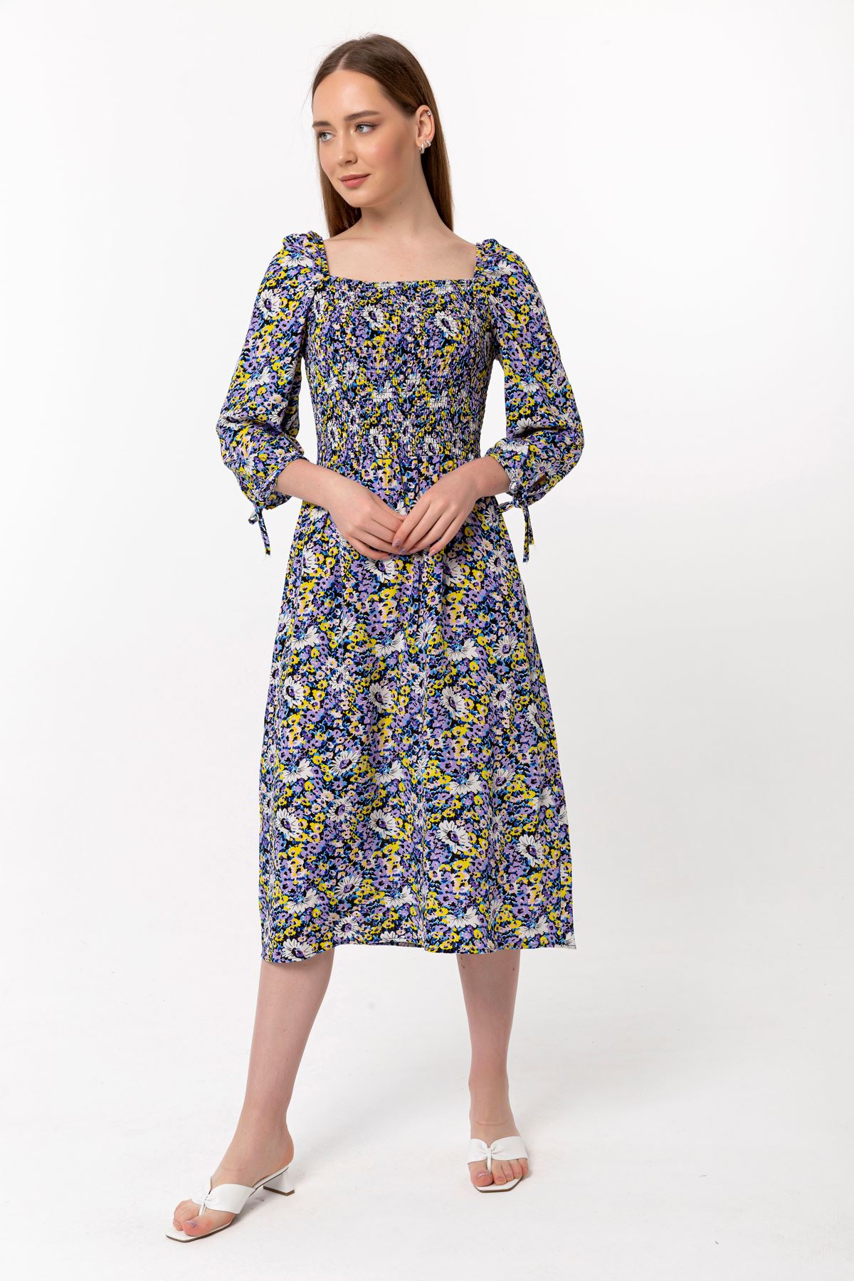فستان نسائي قماش فيسكون 3/4 الحجم طوق مربع ميدي ضيق زهرة مقرمشة - ارجواني