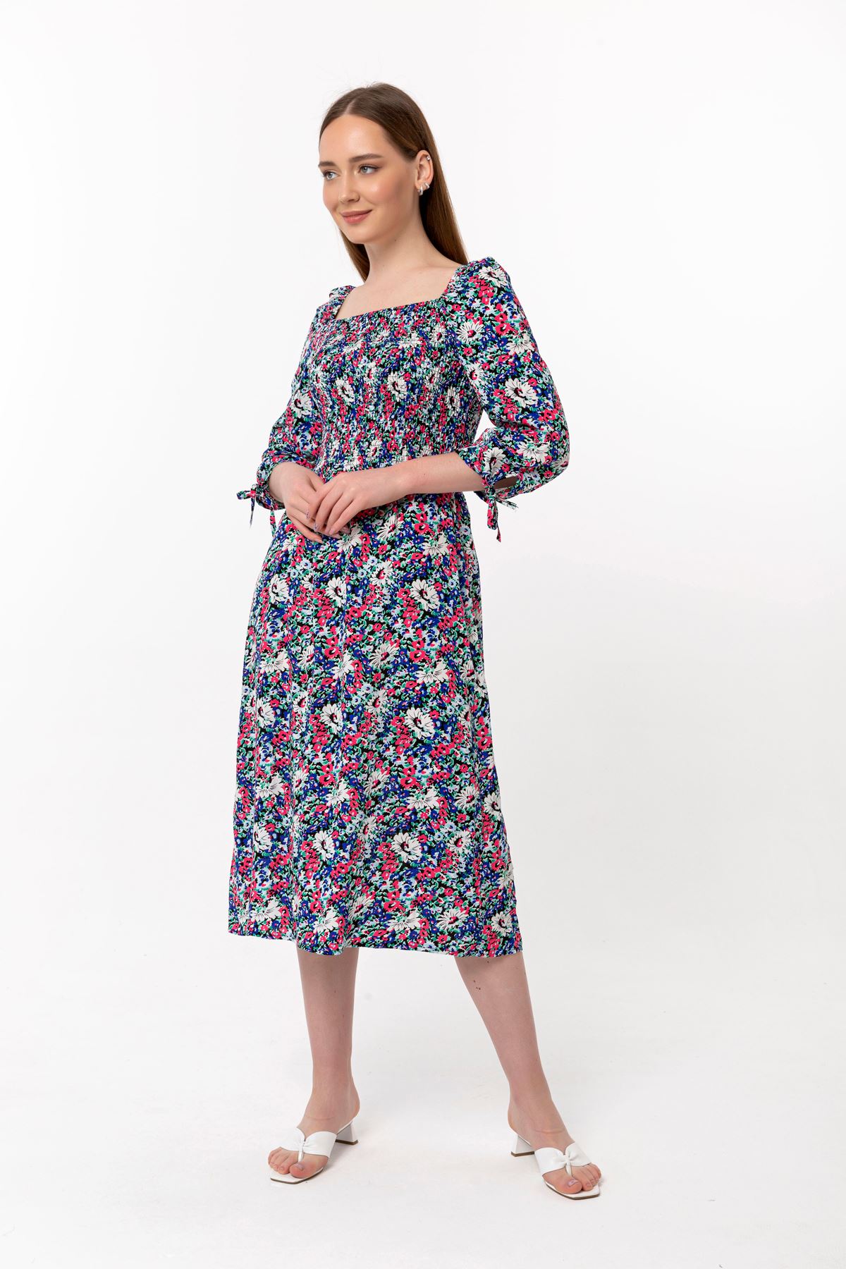 Viscose Fabric Square Neckline Midi Floral Print Women Dress - Blue
