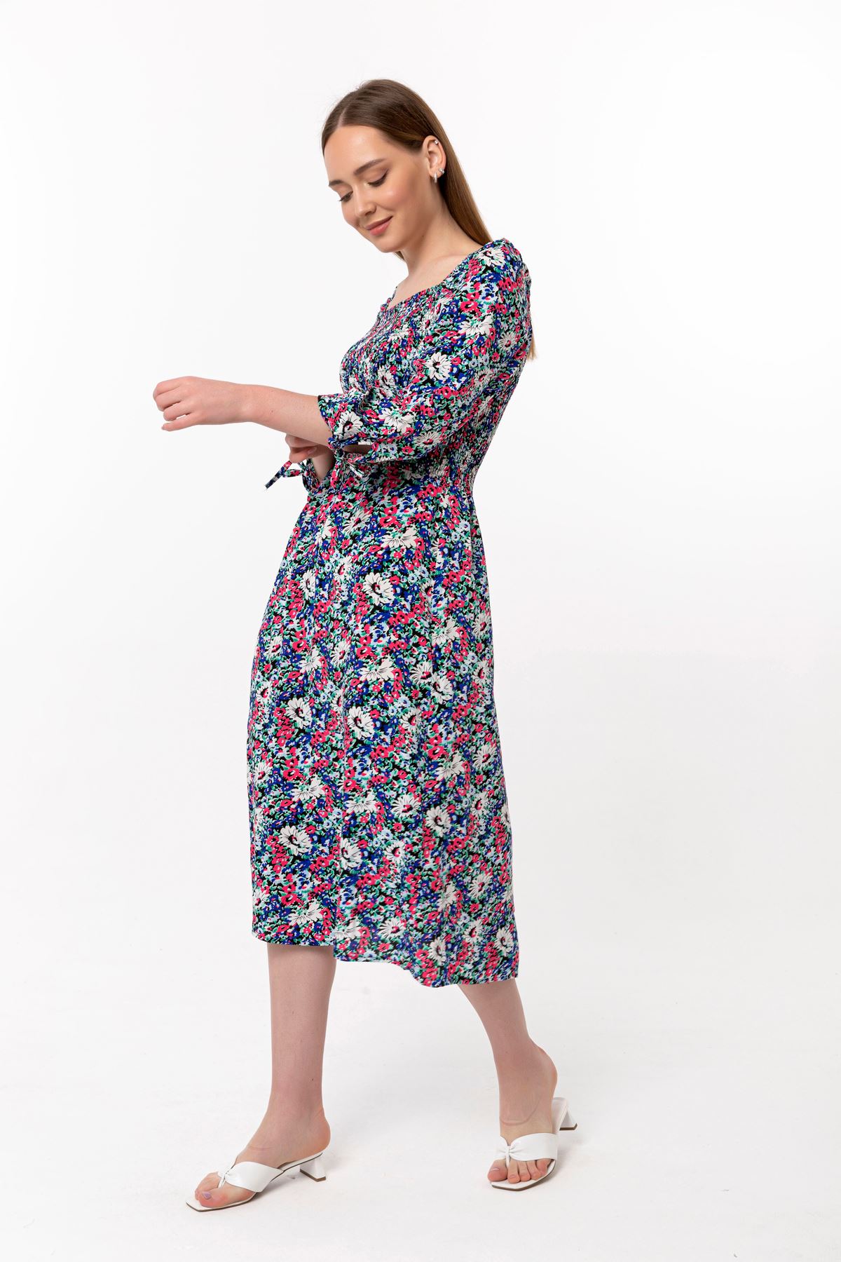 فستان نسائي قماش فيسكون 3/4 الحجم طوق مربع ميدي ضيق زهرة مقرمشة - ازرق