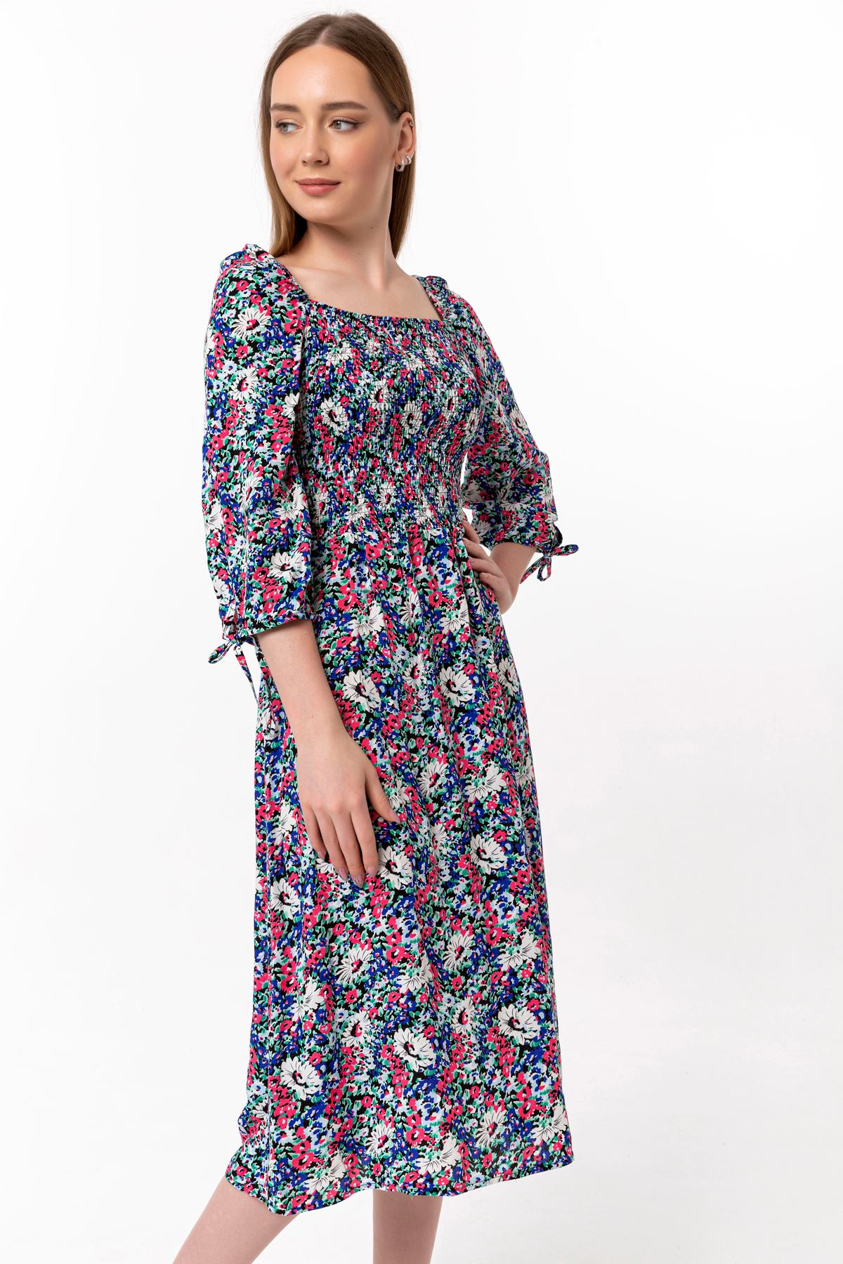 Viscose Fabric Square Neckline Midi Floral Print Women Dress - Blue
