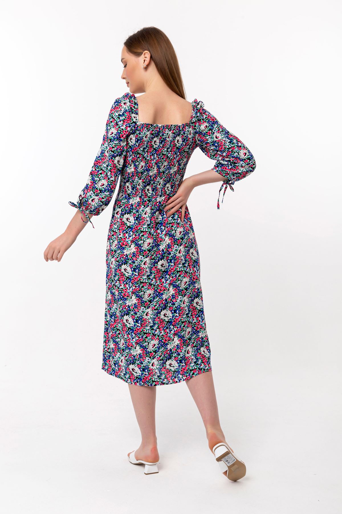 فستان نسائي قماش فيسكون 3/4 الحجم طوق مربع ميدي ضيق زهرة مقرمشة - ازرق