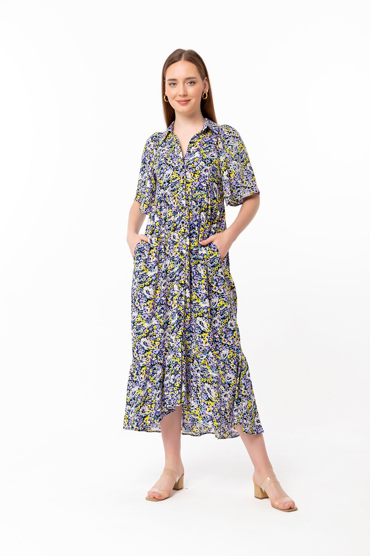 Viskon Kumaş Gömlek Yaka Oversize/Salaş Çiçek Desenli Kadın Elbise-Lila