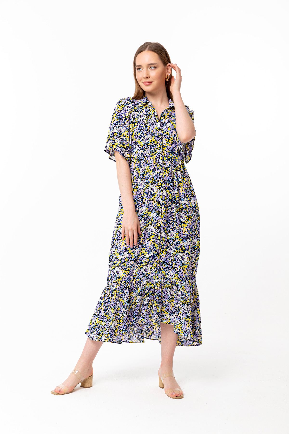 Viskon Kumaş Gömlek Yaka Oversize/Salaş Çiçek Desenli Kadın Elbise-Lila