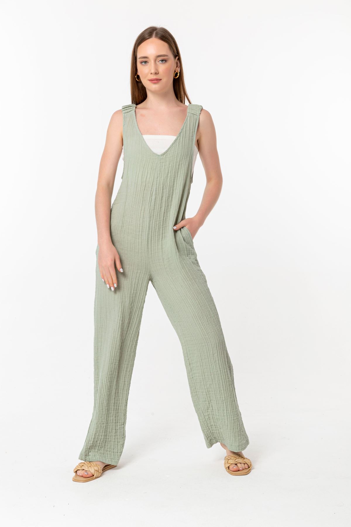 Licra Fabric V-Neck Maxi Wide Pattern Back Pocket Women Overalls - Mint