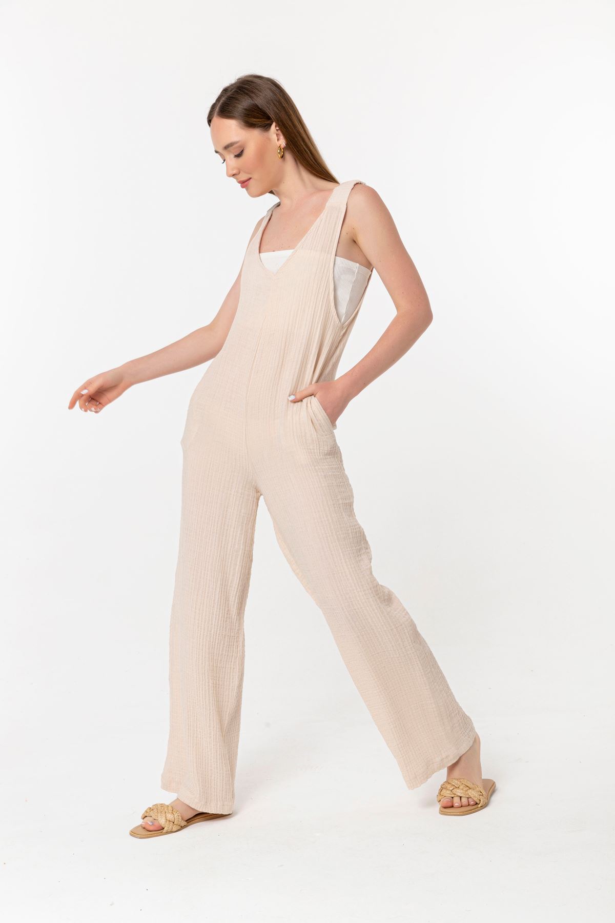 Licra Fabric V-Neck Maxi Wide Pattern Back Pocket Women Overalls - Beige 