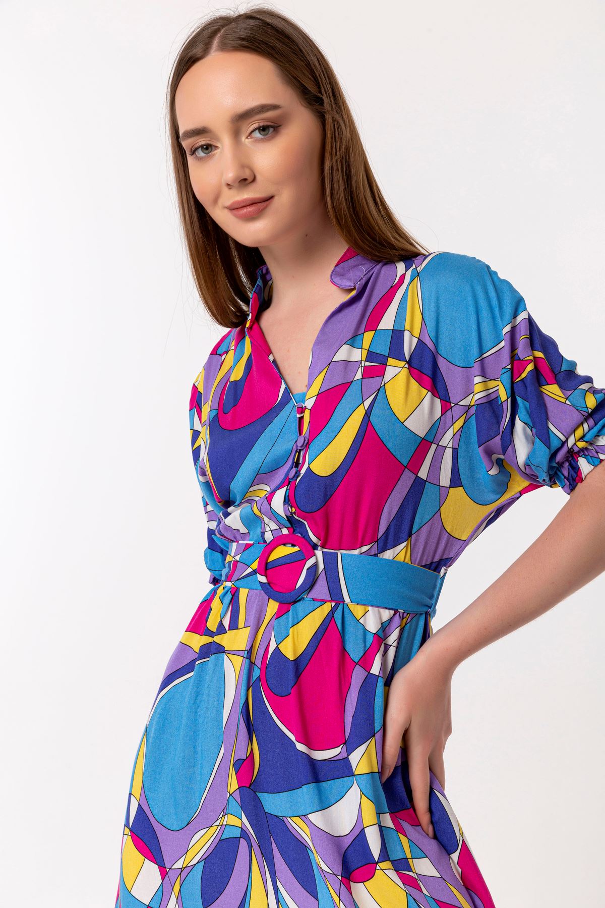 Viscose Fabric Short Sleeve Shirt Collar Midi Wide Coloured Women Dress - Lilac