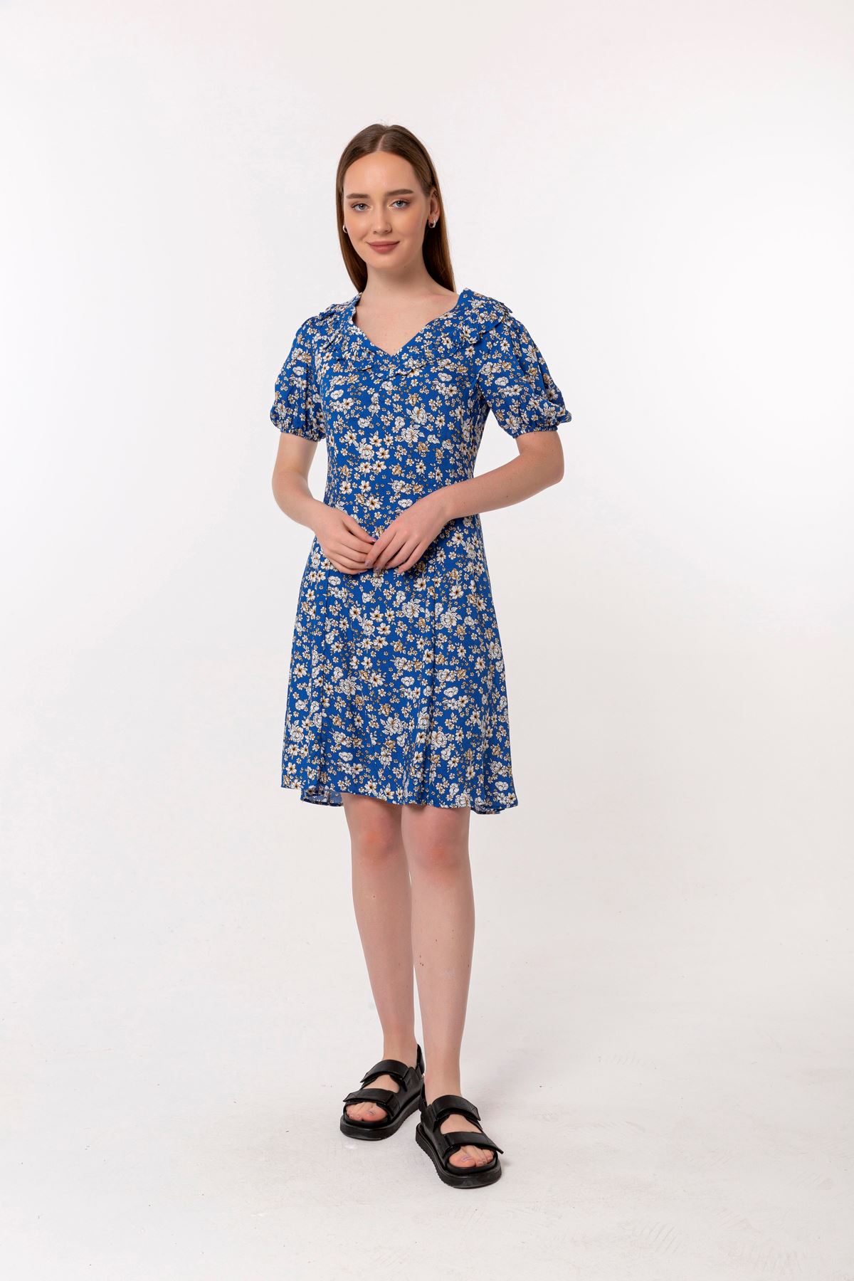 Viscose Fabric Short Sleeve V-Neck Mini Dress - Dark Blue