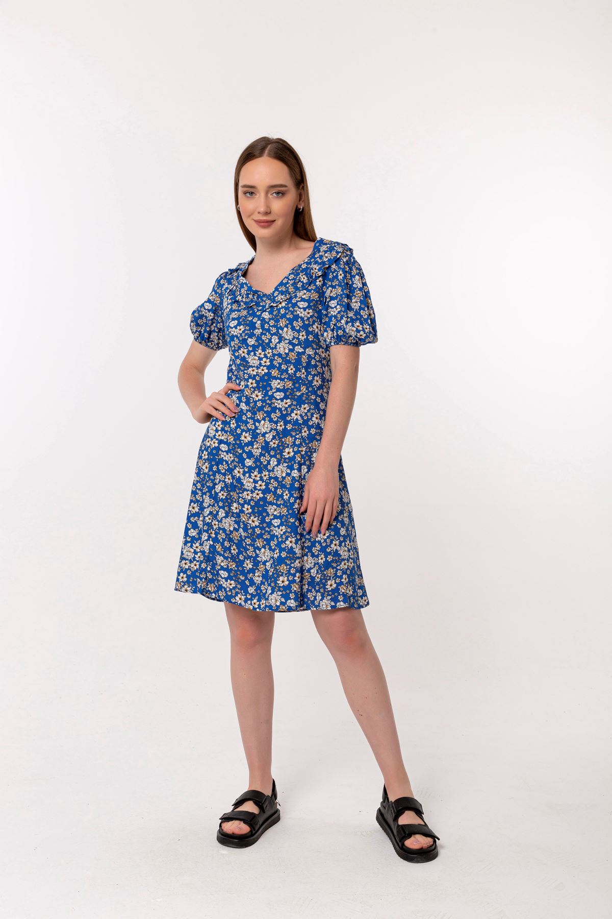 Viscose Fabric Short Sleeve V-Neck Mini Dress - Dark Blue