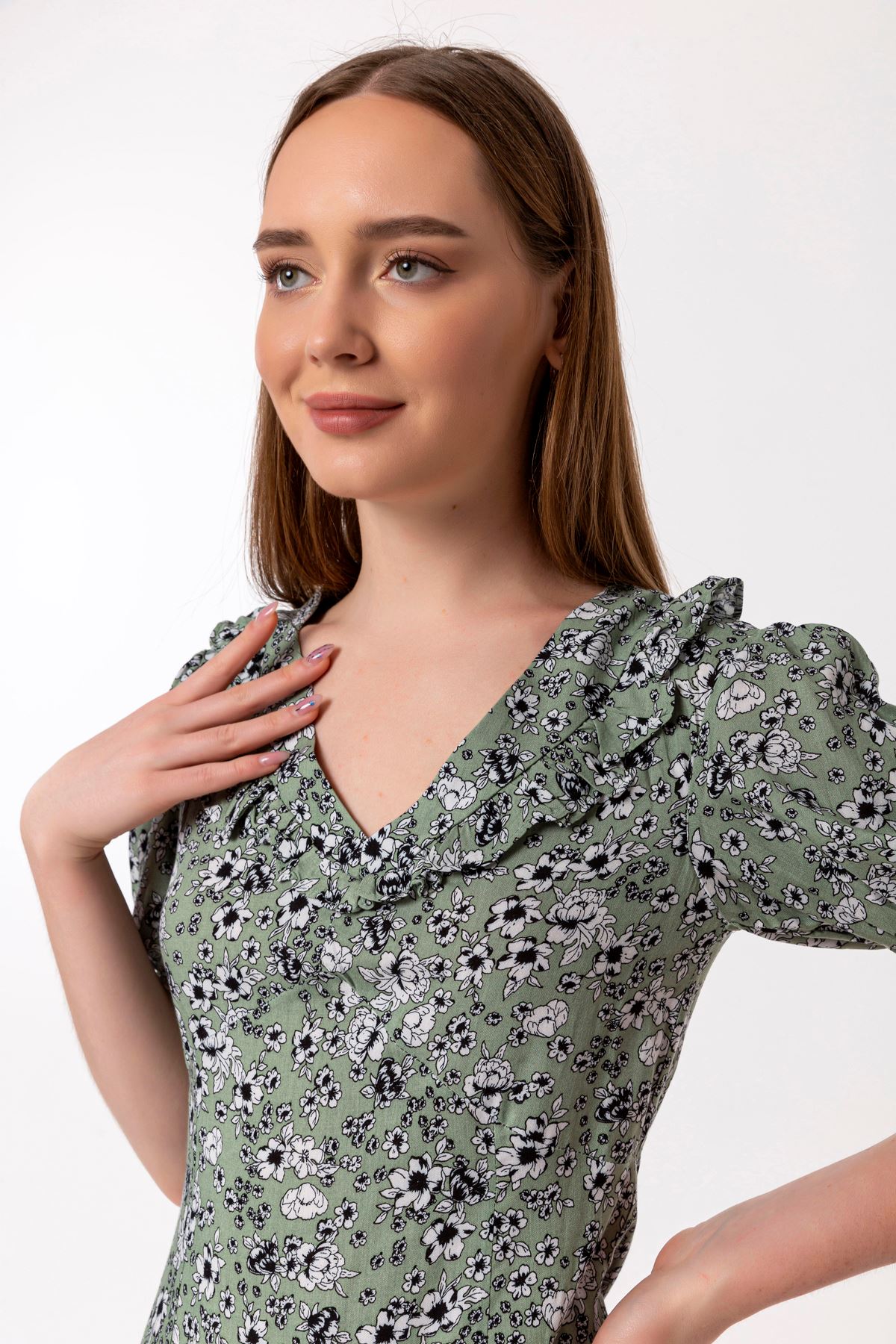 Viscose Fabric Short Sleeve V-Neck Mini Dress - Mint