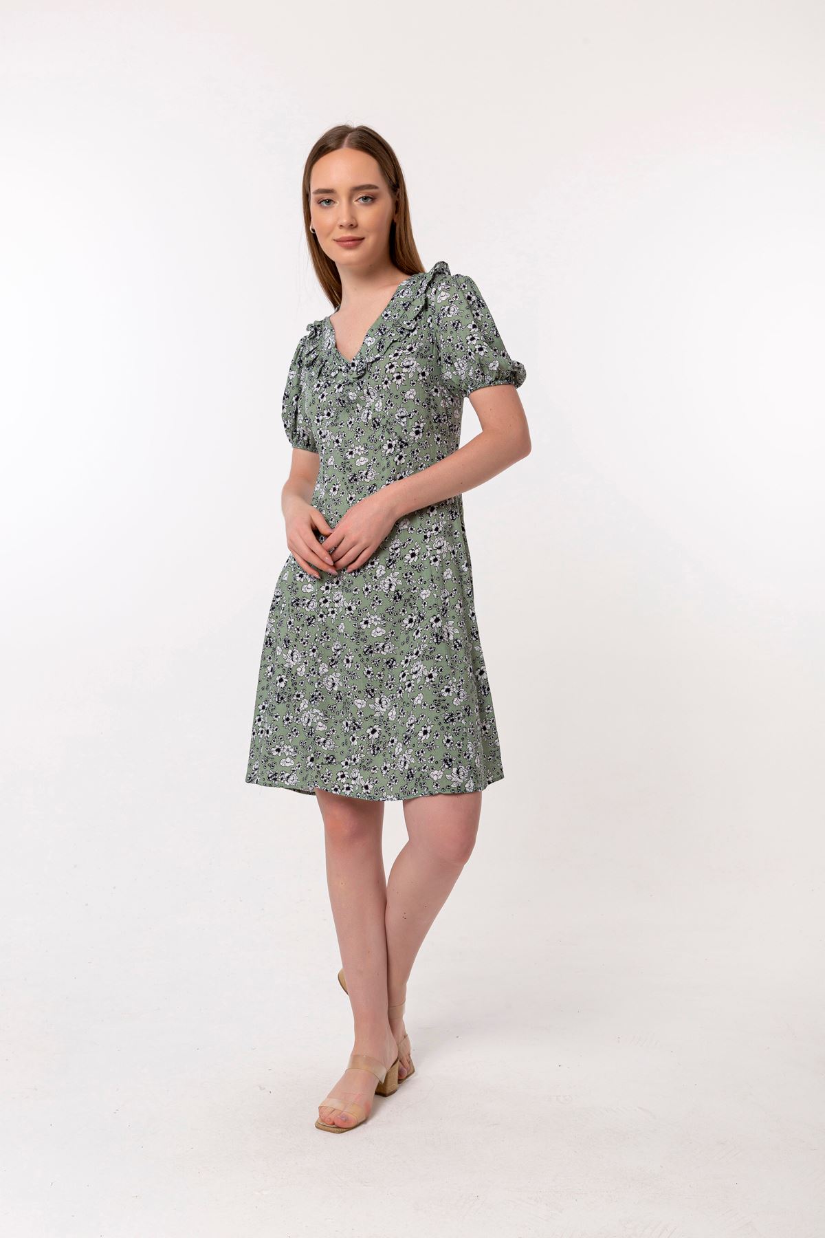 Viscose Fabric Short Sleeve V-Neck Mini Dress - Mint