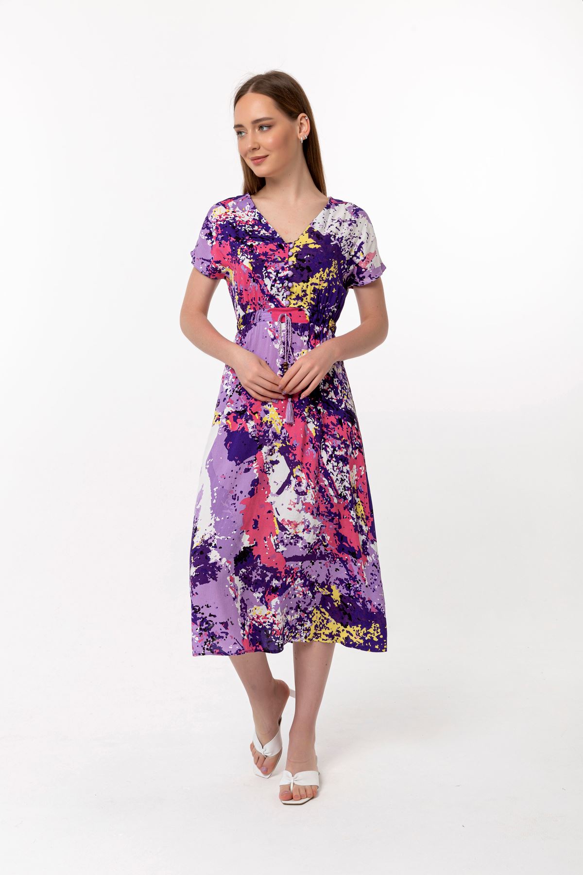 Short Sleeve Below Knee Mixed Print Tasseled Women Dress - Purple