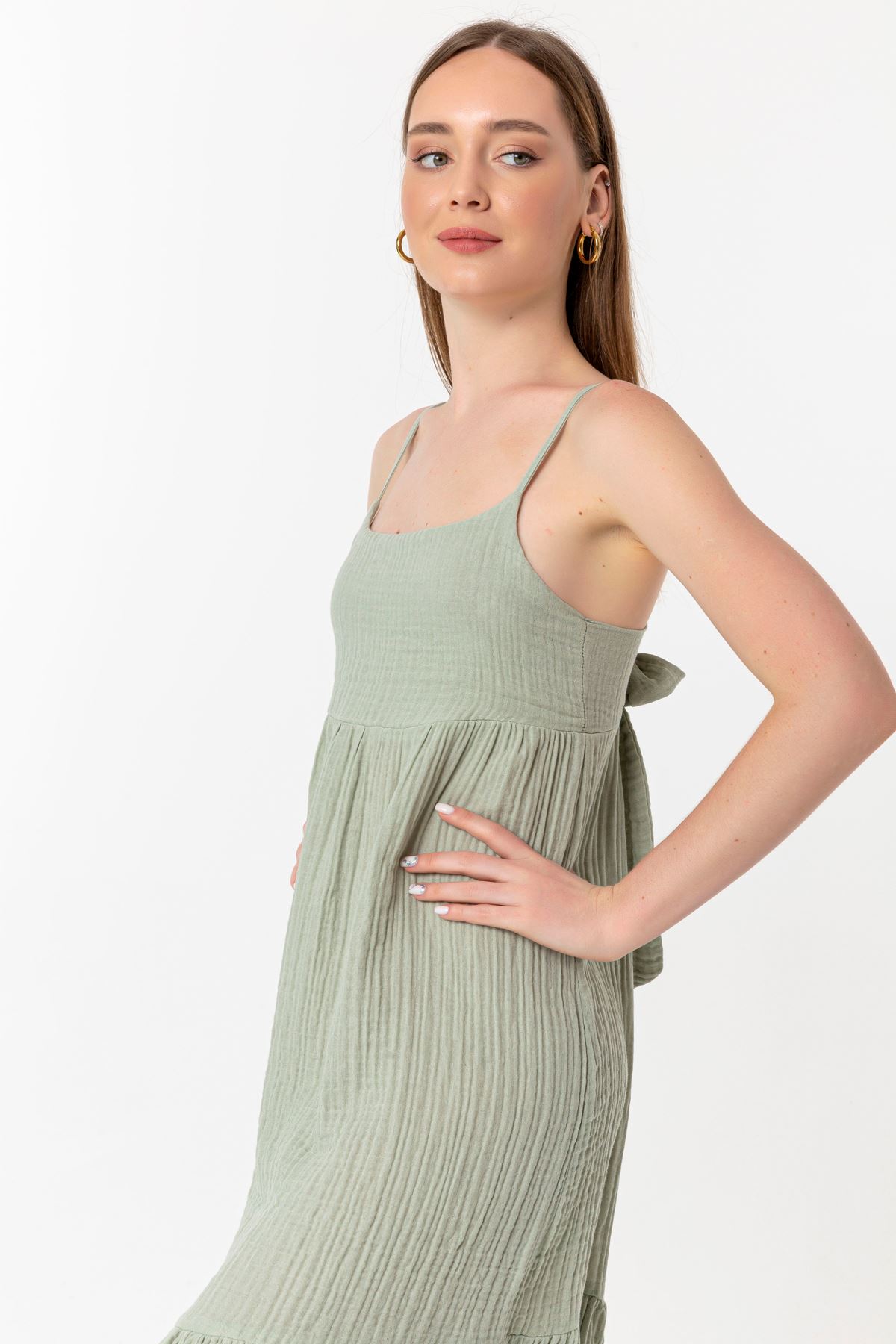 Müslin Kumaş İp Askılı Uzun Boy Rahat Kalıp Kadın Elbise-Mint