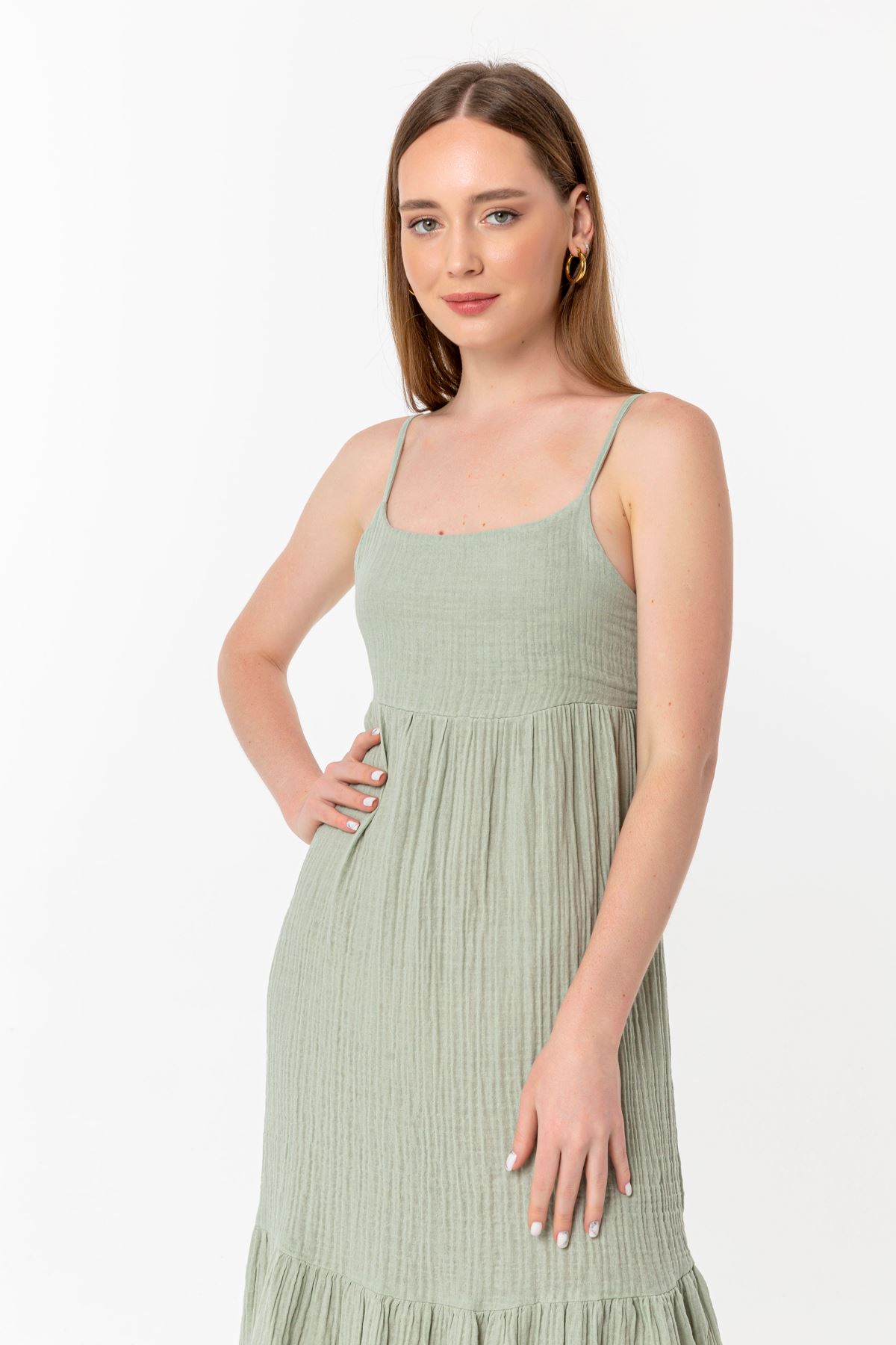 Müslin Kumaş İp Askılı Uzun Boy Rahat Kalıp Kadın Elbise-Mint