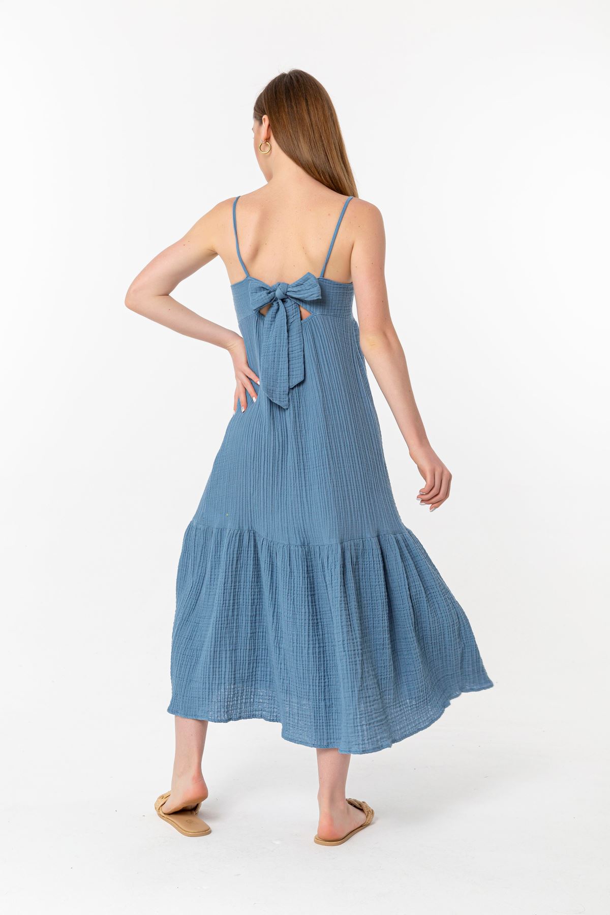 Муслиновая ткань без рукавов на бретельках длинный женское платье - Синий