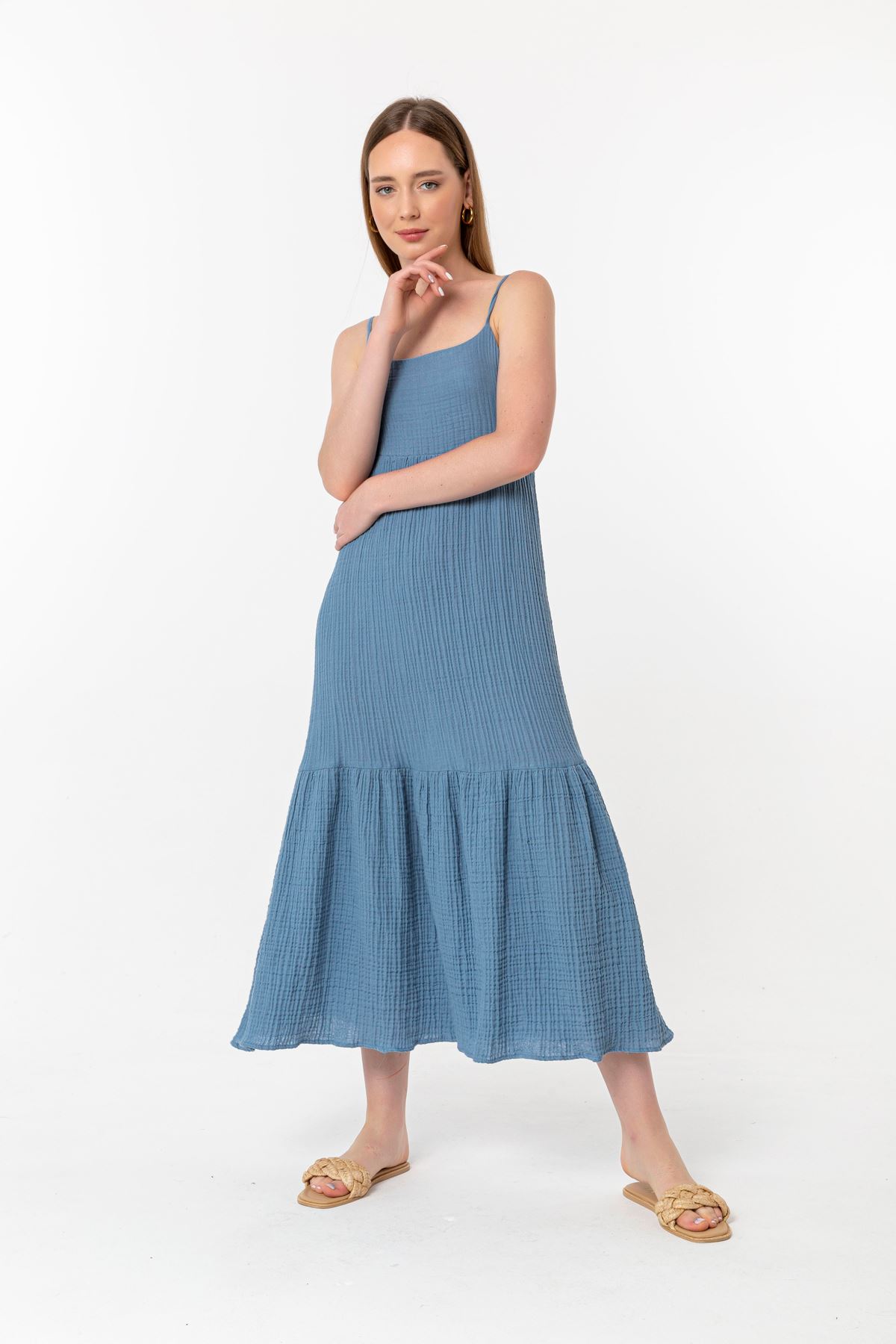 Müslin Kumaş İp Askılı Uzun Boy Rahat Kalıp Kadın Elbise-Mavi