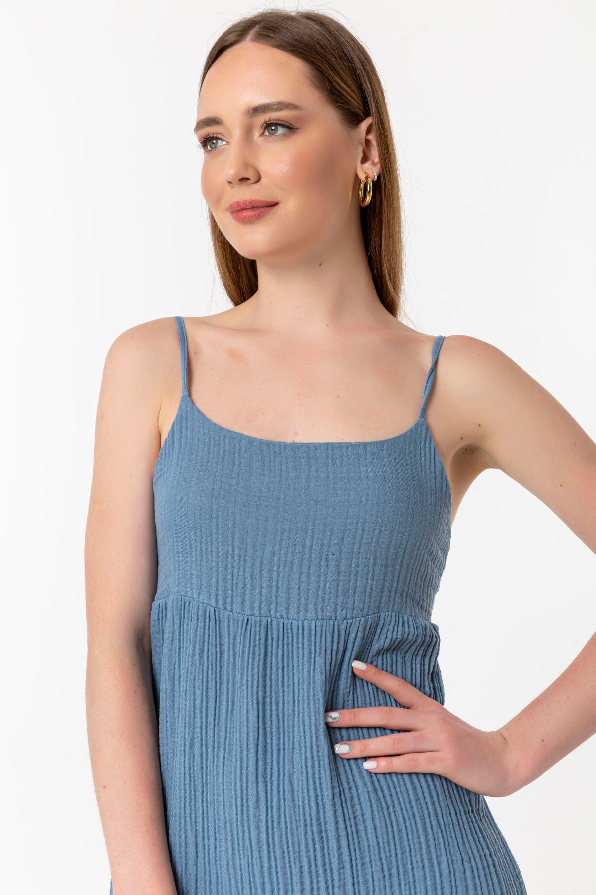 Muslin Fabric Sleeveless Spaghetti Neck Long Comfy Fit Women Dress - Blue